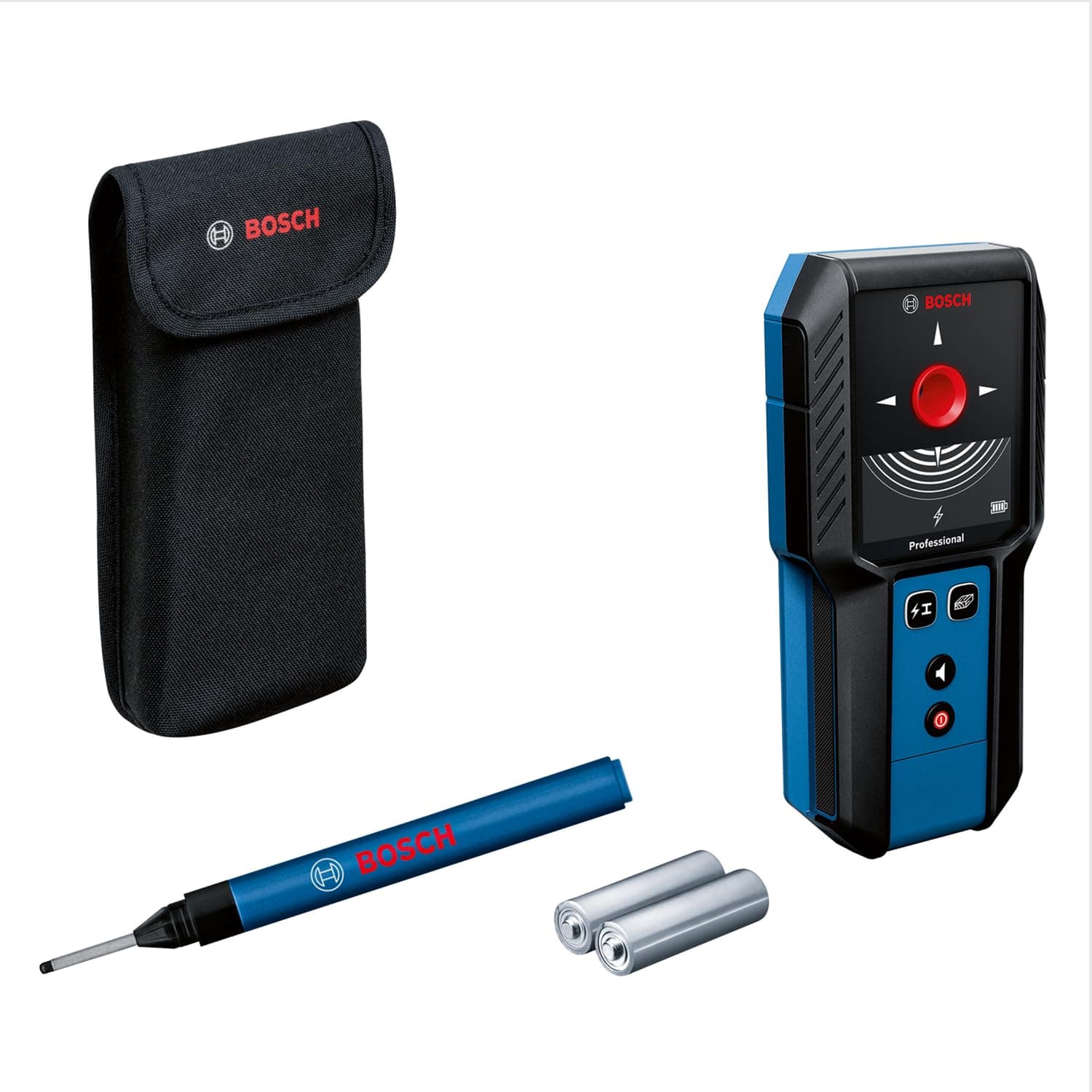 Bosch Professional Ortungsgerät GMS 120-27 (max. Detektionstiefe Nicht-magnetisches Metall/magnetisches Metall/Spannungsführende Leitungen/Holz: 120/100/50/30 mm, Markierstift, Schutztasche)
