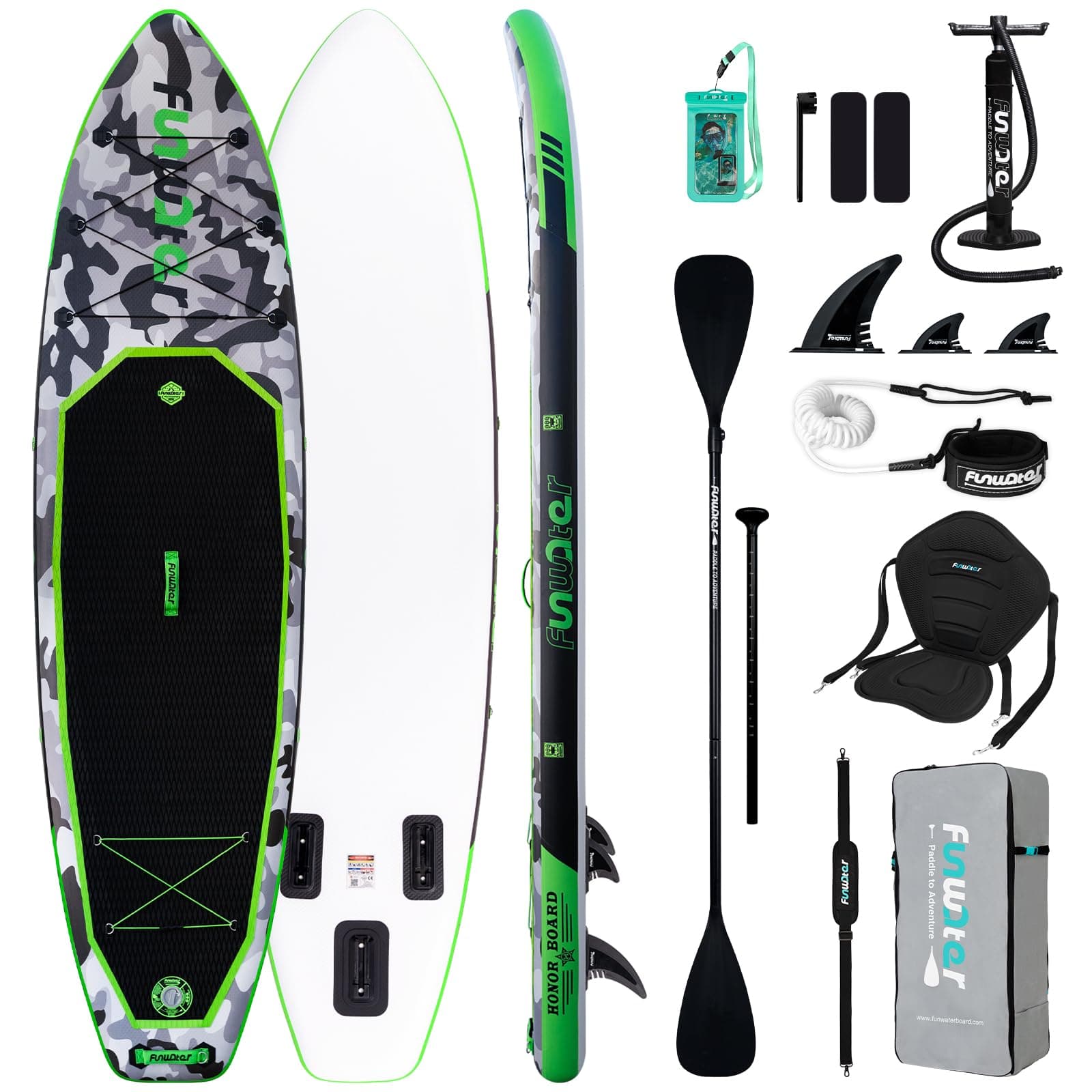 FunWater Sup Gonfiabile Portatile: Tavola Gonfiabile, Pinne, Pompa, Pagaia, Zaino e Guinzaglio di Sicurezza-Ideale per Adulti e Ragazzi,Tutti i Livelli