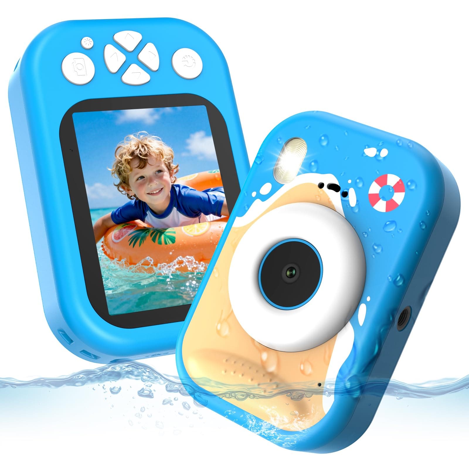CHAKEYAKE Camara Acuatica Infantil, IP67 1080P Cámara subacuática con Zoom 10X, Pantalla de 2.4”, Tarjeta 32GB, Juguete para Piscina y Playa, Regalo para Niños y Niñas de 3–12 Años, Azul