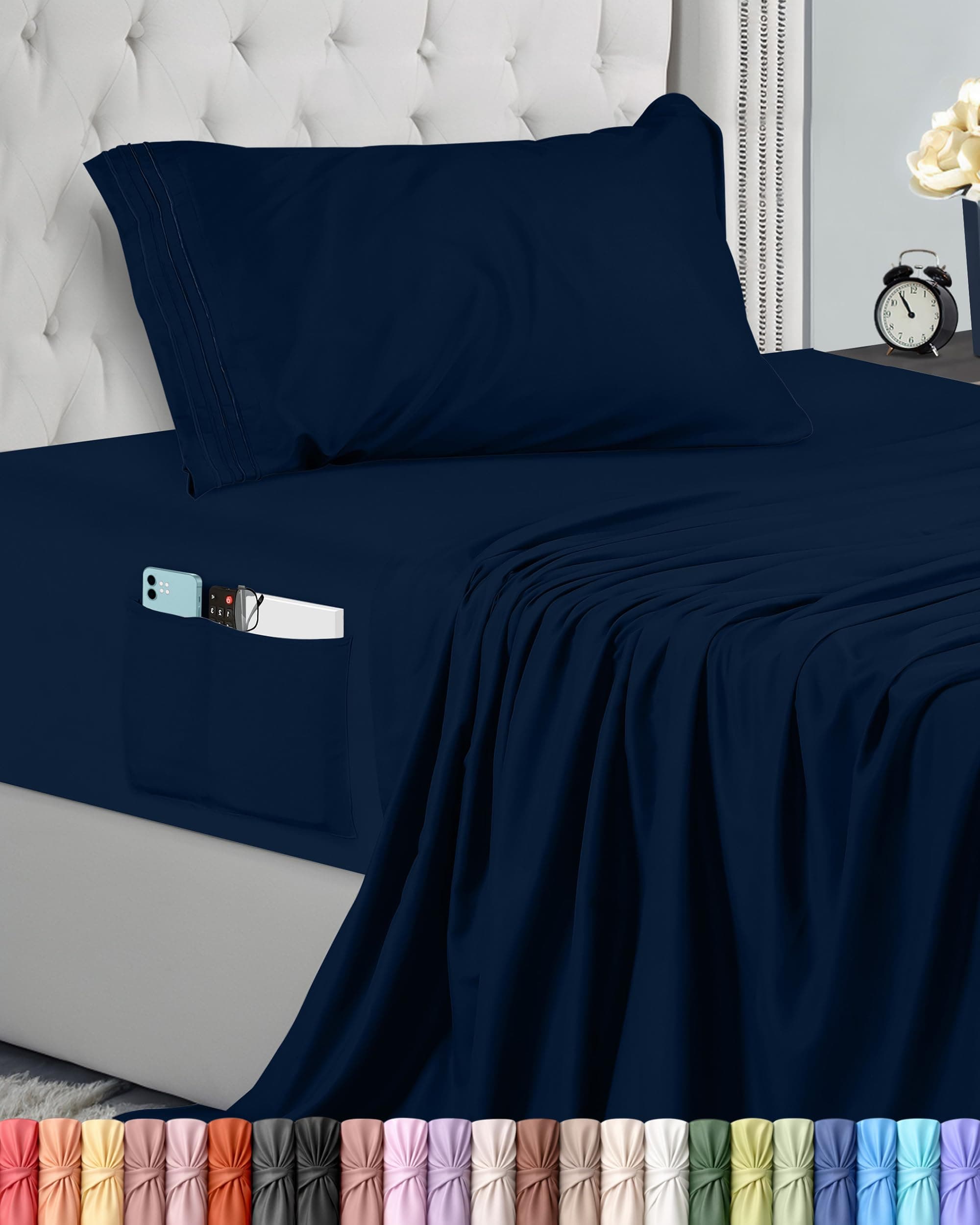 Utopia Bedding Juego de Sabanas 3 Piezas 90x190 - Microfibra De Poliéster, Sábana Bajera con Bolsillos de Almacenamiento, Sábana Plana Y 1 Funda De Almohada Bordadas (Cama 90, Azul Marino)