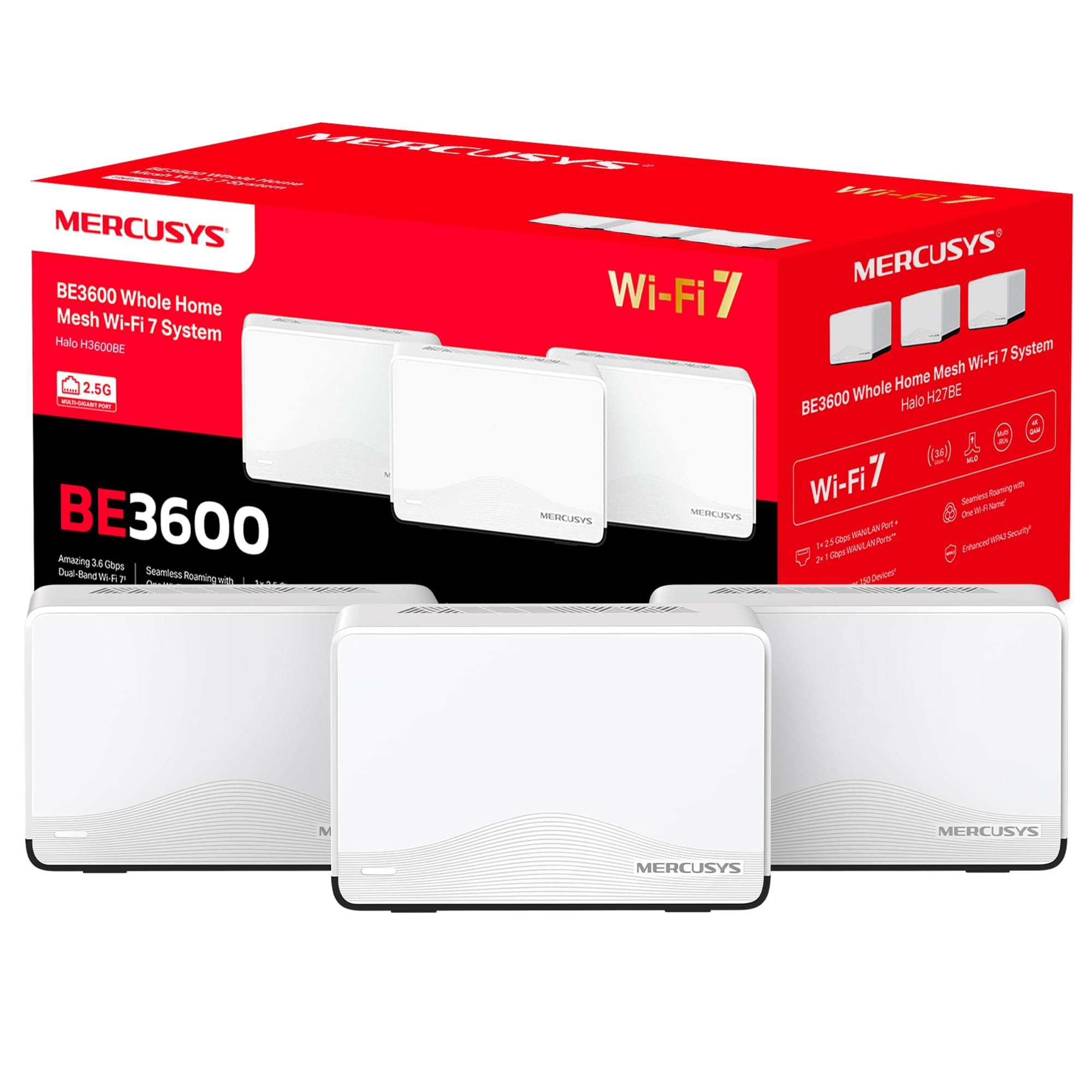 Mercusys,Halo H3600BE(3-Pack),Velocidad Ultra rápida de 3600 Mbps y Cobertura Total para un hogar Conectado. Ideal para Streaming 8K, Gaming sin Lag y múltiples Dispositivos