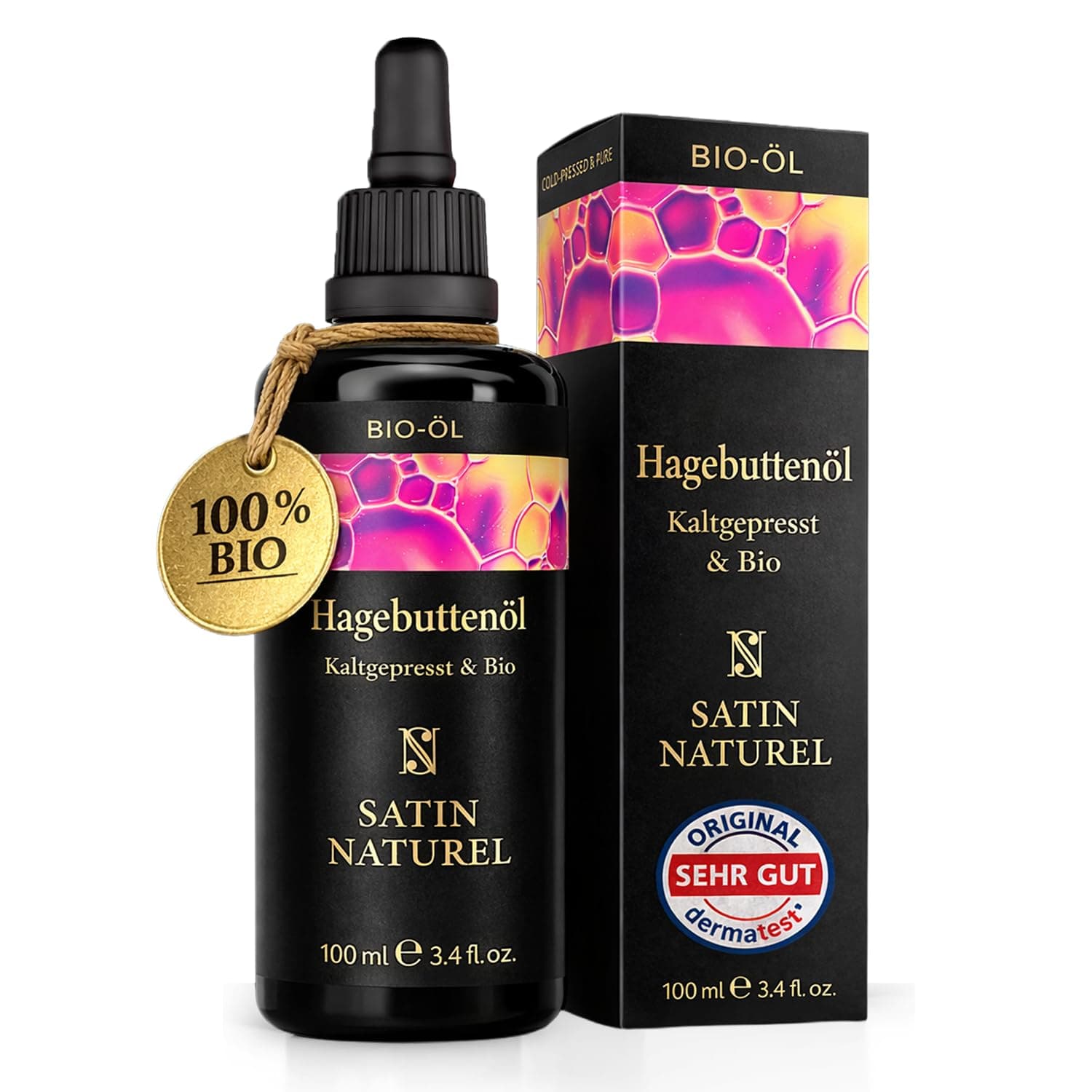 Satin Naturel Bio Hagebuttenöl 100 ml – 100% reines, kaltgepresstes Rosa Canina – Gesichtsöl, Körperöl, Massageöl & Haaröl – Wildrosenöl zur Pflege trockener Haut mit Anti-Falten-Wirkung