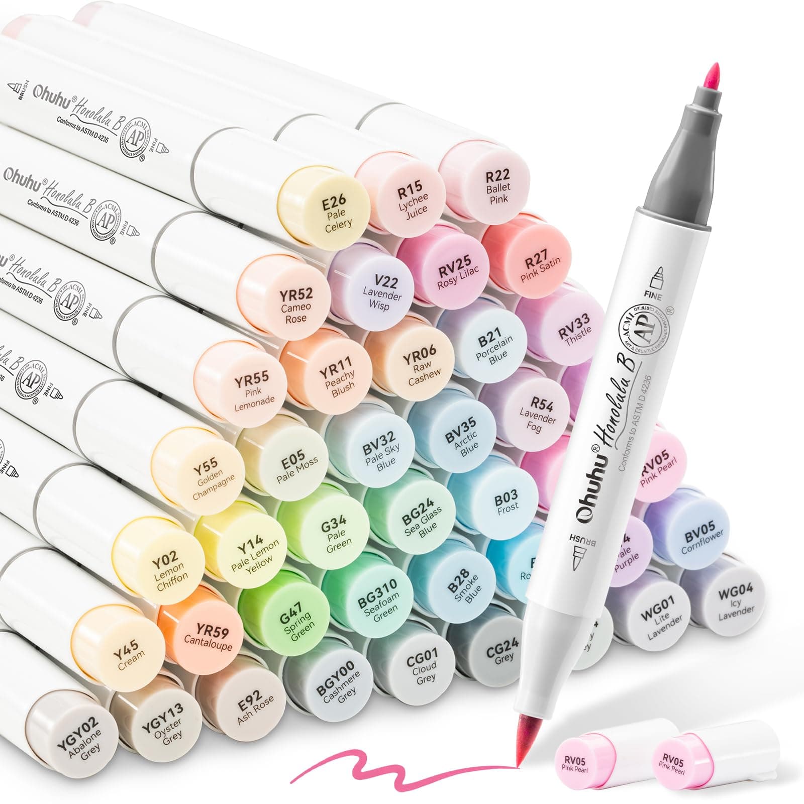 Ohuhu Alkohol Marker 48 Pastellfarben: Honolulu Sweetness – AP-zertifiziert - Doppelspitziges Künstlermarker-Set(Alkoholbasis) für Illustrationen & Ausmalen – Pinsel & Feinspitze – Nachfüllbar