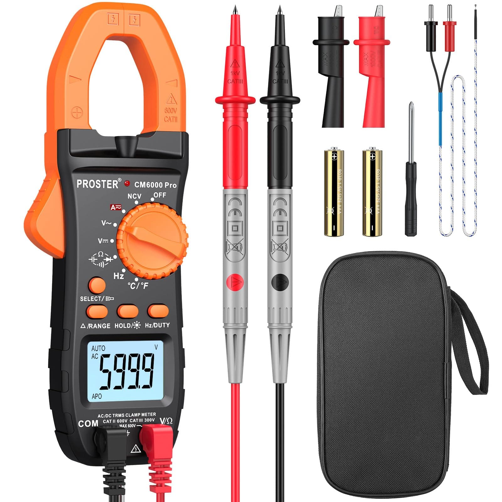 Proster Pinza Amperometrica Auto-Ranging Tester Multimetro Pinza Misura AC/DC Tester Clamp Meter TRMS Tester Resistenza Diodi Capacità NCV Elettrici (Arancione)