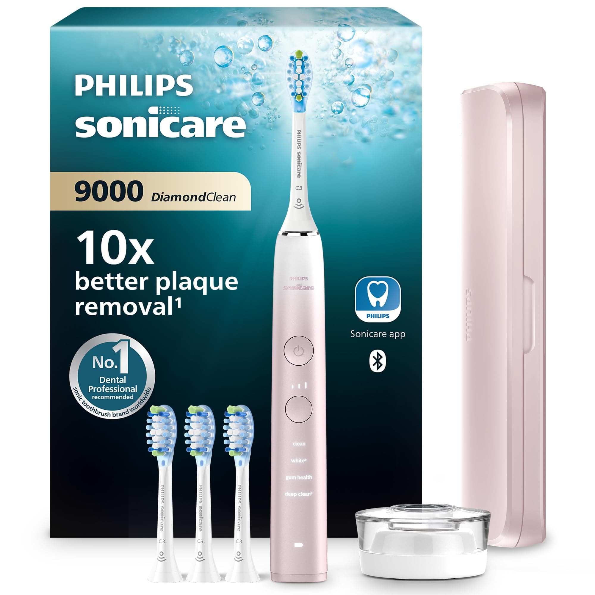 Philips Sonicare DiamondClean 9000 spazzolino elettrico sonico con app, sensore di pressione, 4 modalità di spazzolamento, 3 livelli di intensità, supporto di ricarica, rosa, modello HX9911/79