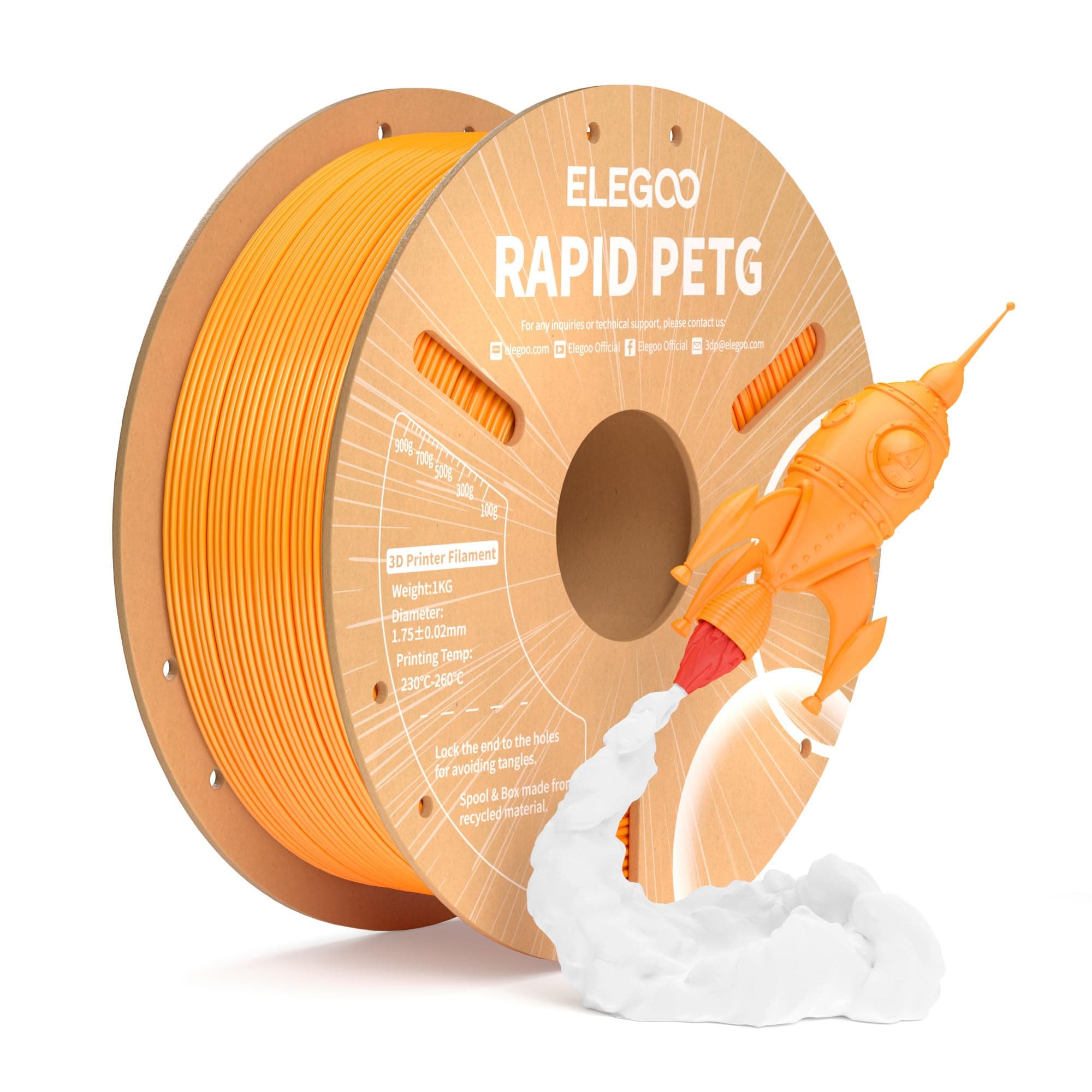 ELEGOO Filamento PETG Rápido 1.75 1KG Naranja, PETG de Alta Velocidad 30-600mm/s para Impresora 3D, Precisión Dimensional +/- 0.02mm, Carrete Filamento 3D, para Mayoría Impresoras 3D
