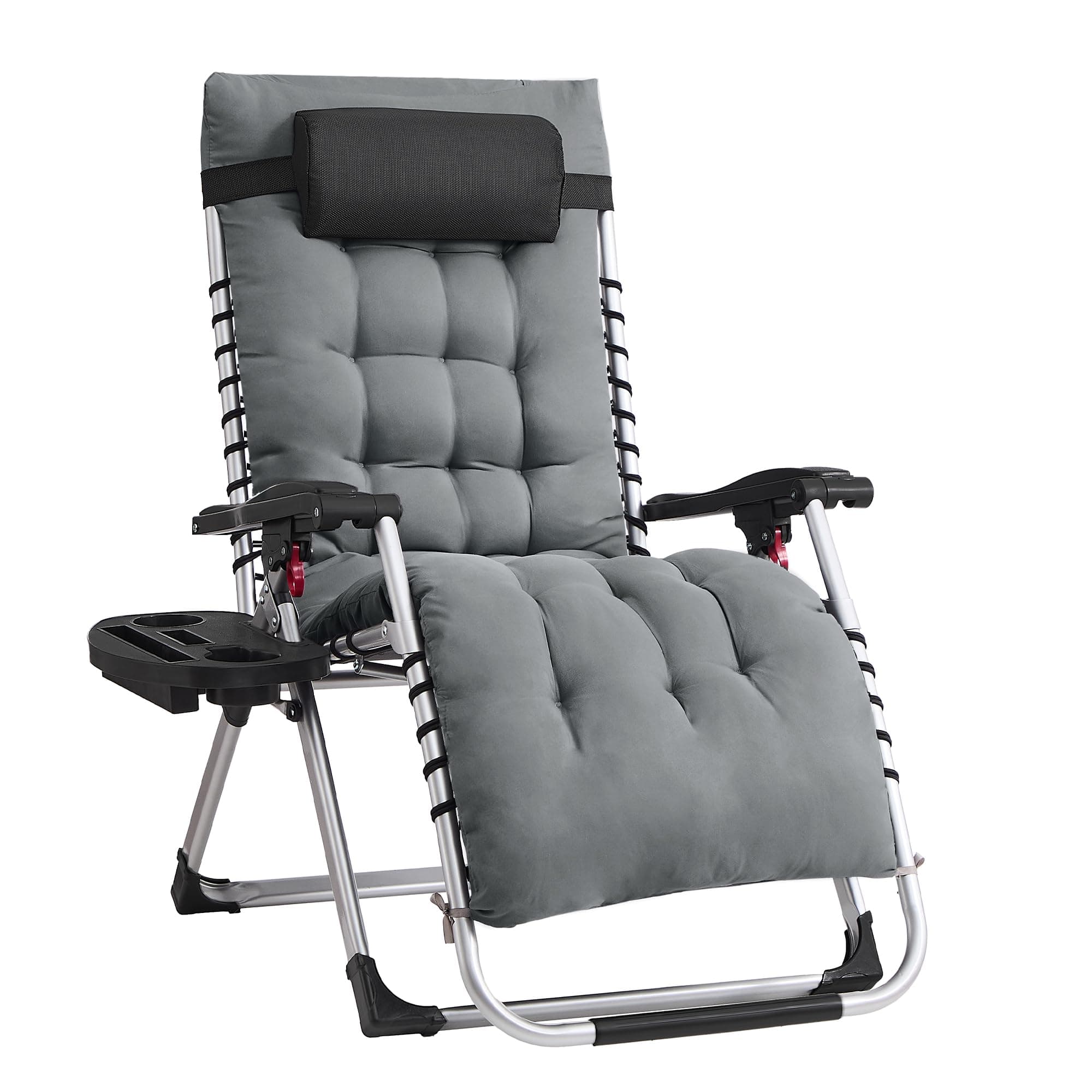 SONGMICS Chaise Longue Pliante, Chaise de Gravité Zéro avec Coussin Amovible, Structure en Acier, Supporte Jusqu'à 110 kg, Appui-Tête Réglable, Sac, Plateau, pour Jardin, Balcon, Gris Foncé GLB040GZ03