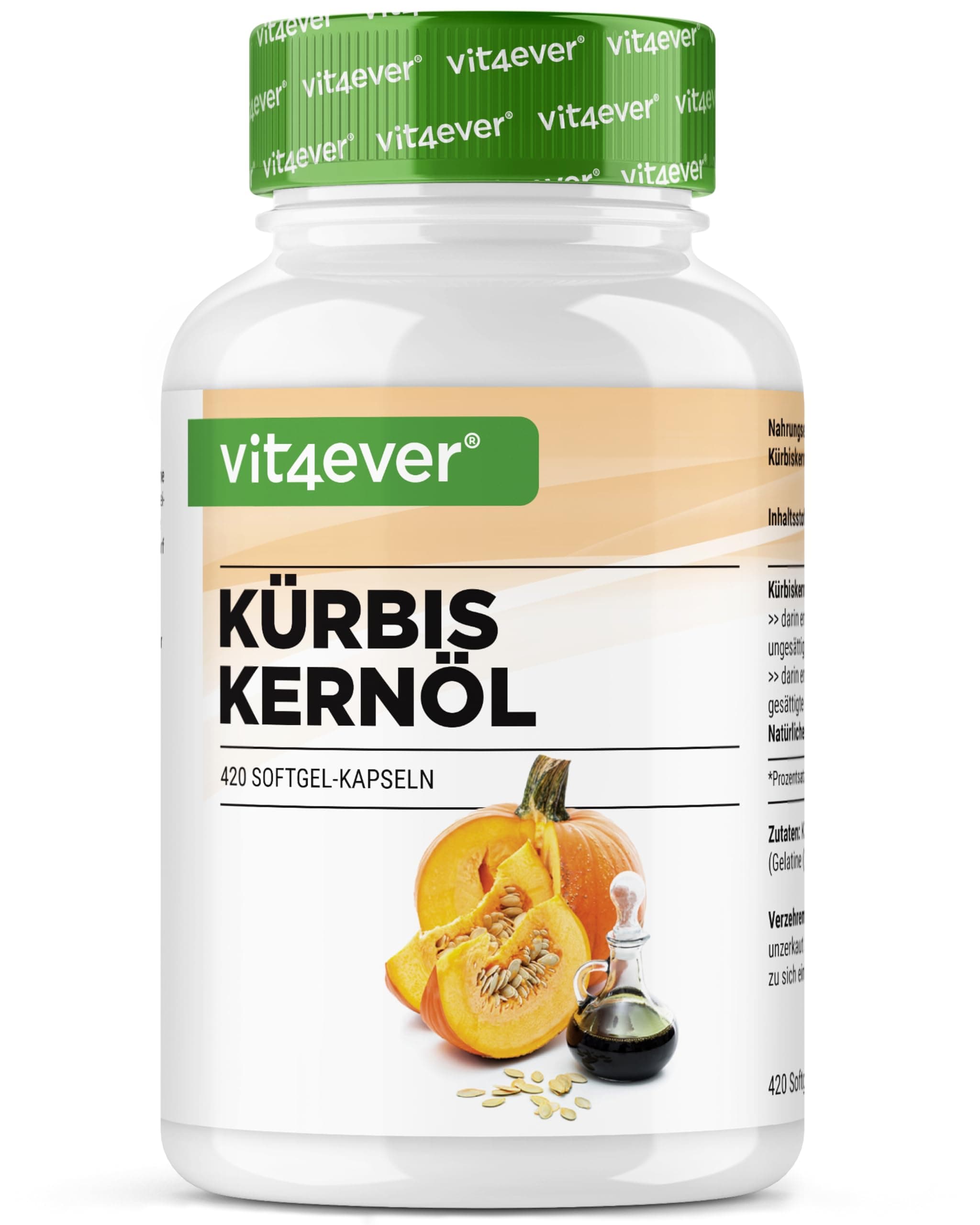 vit4ever Kürbiskernöl - 420 Kapseln - 3000 mg pro Tagesportion - Mit natürlichem Vitamin E - Hochdosiert - Naturbelassen & kaltgepresst - Laborgeprüft