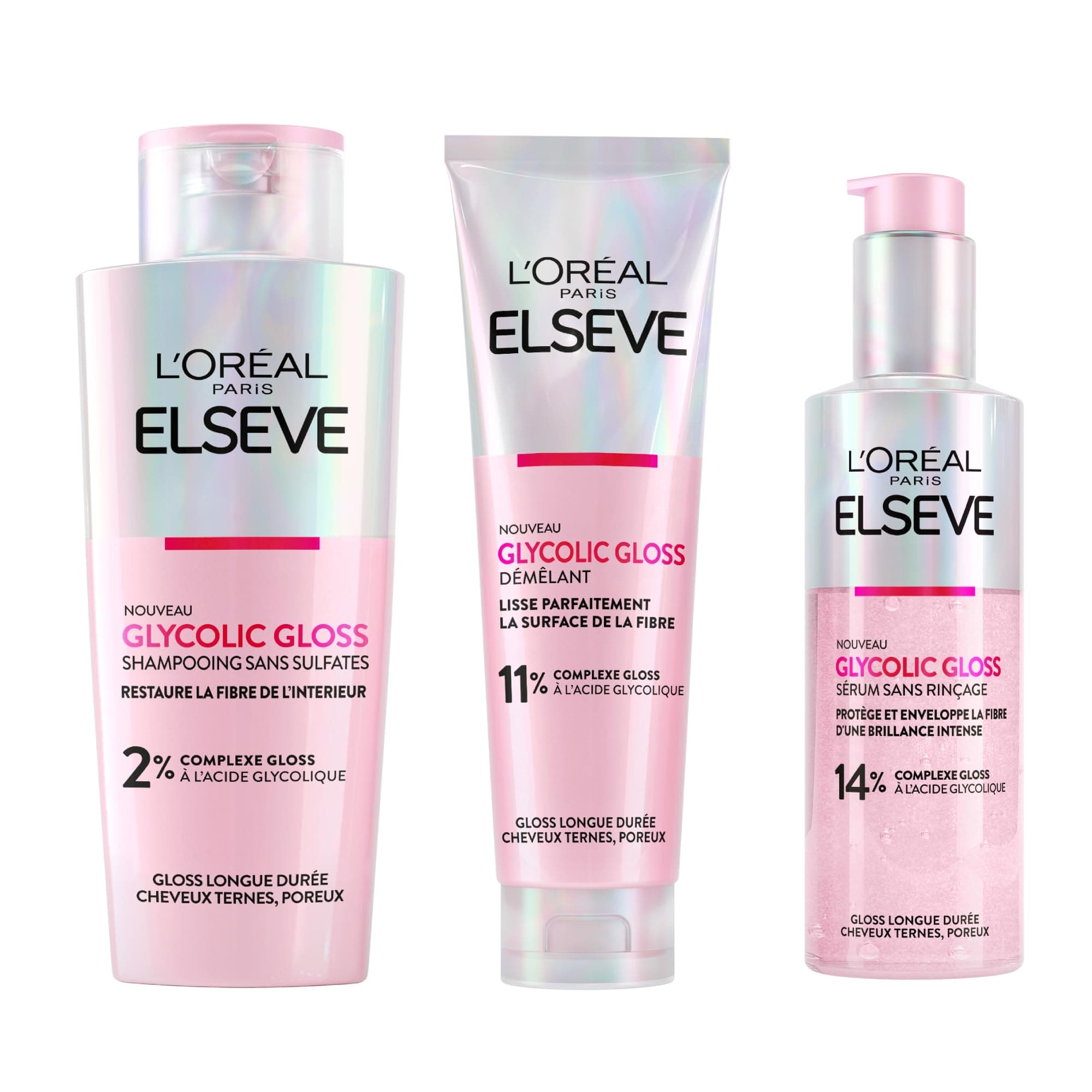 L'Oréal Paris Elvive Glycolic Gloss Après-Shampooing 150ml + Shampoing 200ml + Sérum Sans Rinçage 150ml Coffret pour Cheveux Ternes et Poreux Brillance Intense et Longue Durée - 3 Flacons