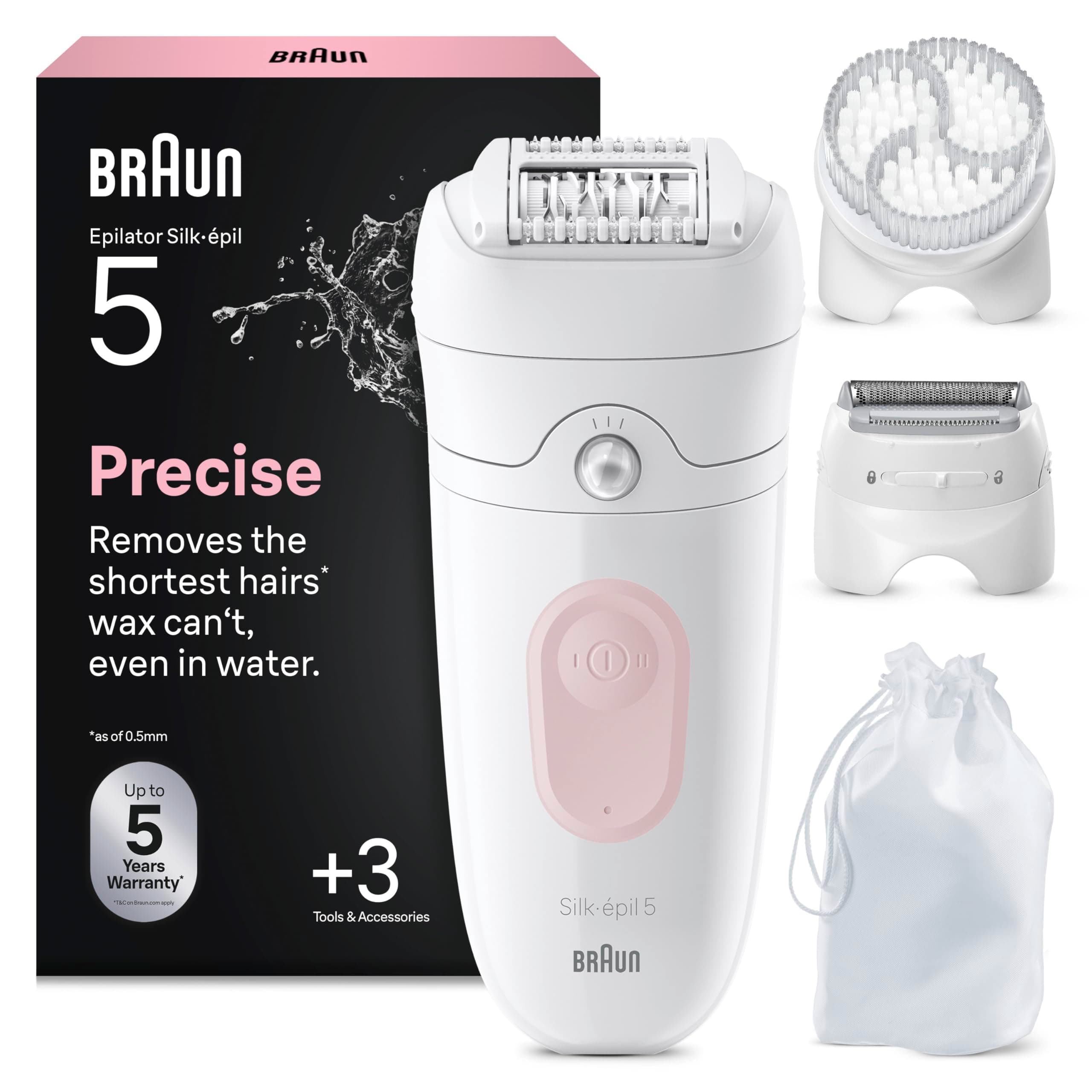 Braun Depiladora Eléctrica Mujer Silk-épil 5, Depiladora Corporal con Cabezal de Rasuradora Y Cepillo de Exfoliación, Resistente al Agua, Depila, Rasura Y Exfolia, 5-060, Blanco/Flamenco