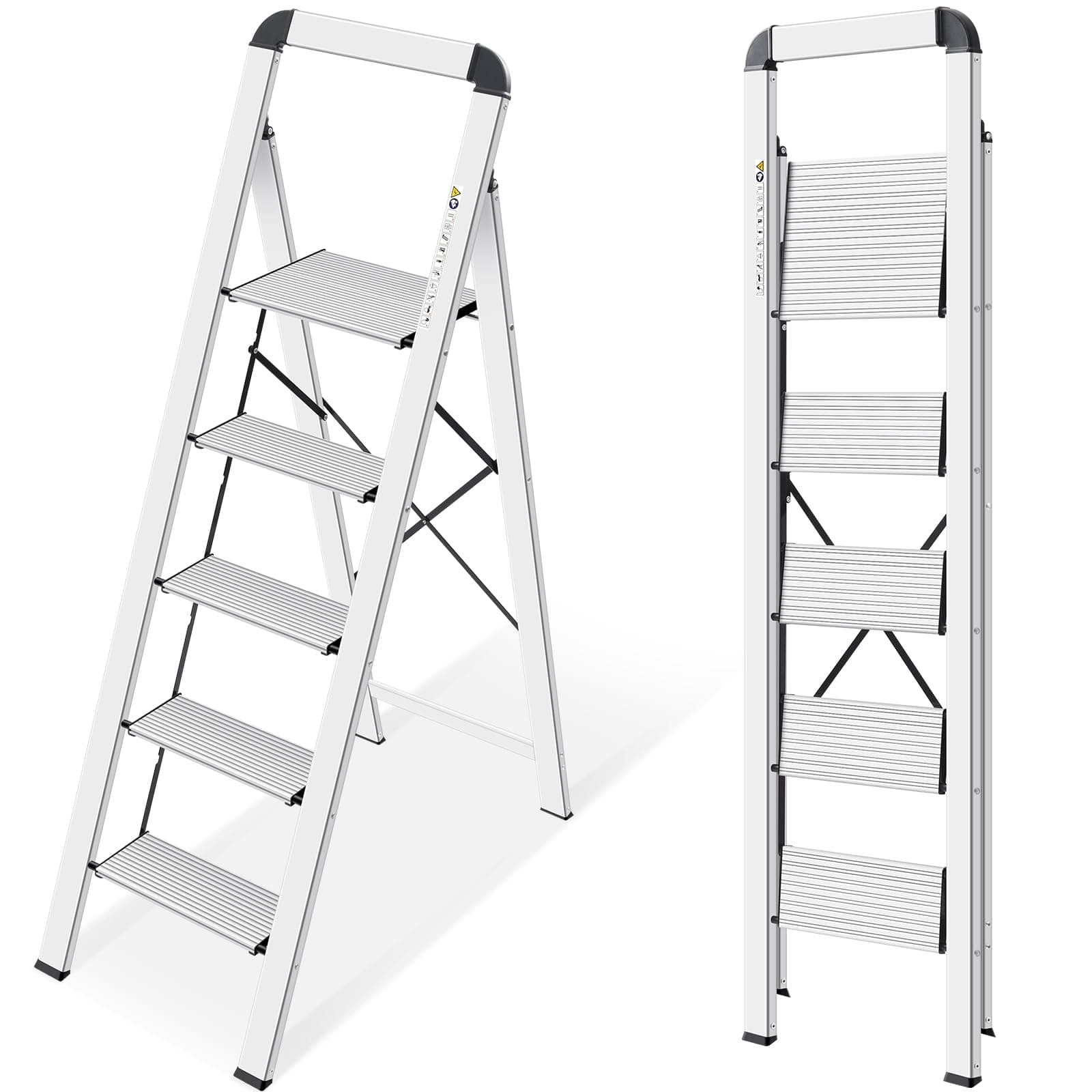 KINGRACK Escalera de Tijera 5 peldaños Plegable de Aluminio, Escalera Doméstica Estrecha con Pasamanos, Mecanismo Antiplegado, Uso Hogar Cocina Despensa Oficina, Ahorro de Espacio y Portátil, Plata