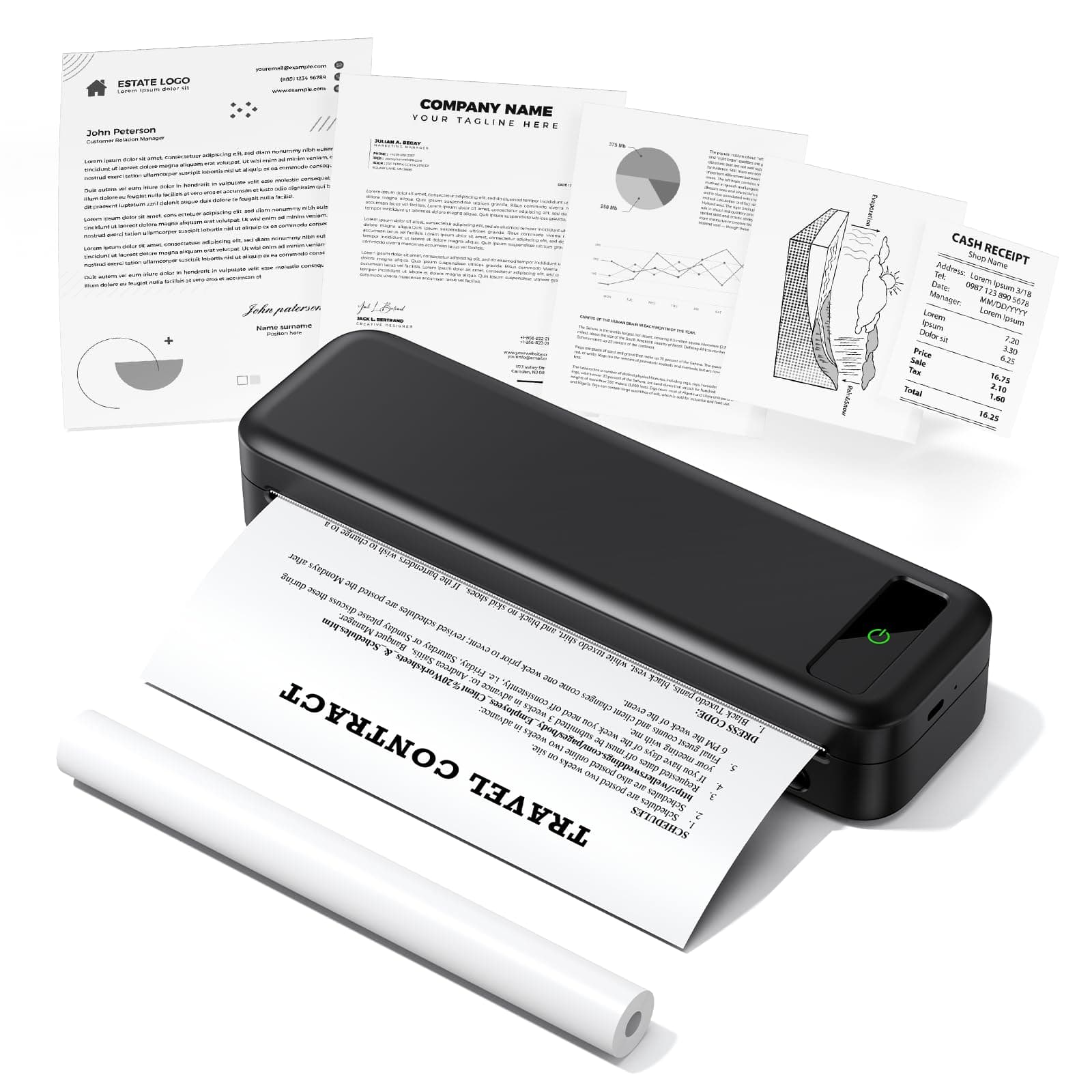 TATTMUSE Stampante Portatile A4, Stampante Termica Compatibile con iPhone/PC/USB, iOS/Android via Wireless Bluetooth, Stampa Contratti/Ricevute/Documenti, Senza Inchiostro Stampa in Nero e Bianco