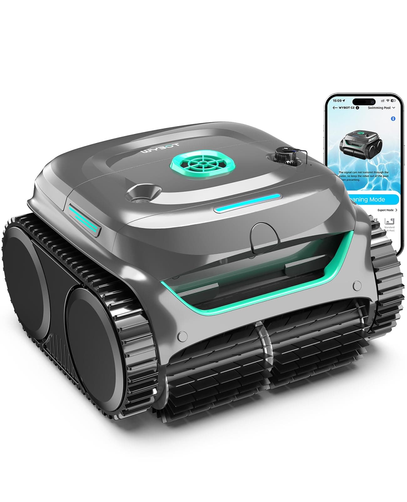 WYBOT C2 Robot Piscine sans Fil pour Piscines Enterrées 150㎡, Double Filtration, 3 Moteurs, Aspiration Puissante, Nettoyage Parois & Ligne d'eau, 180 Min, App(Gris-Vert Vert)
