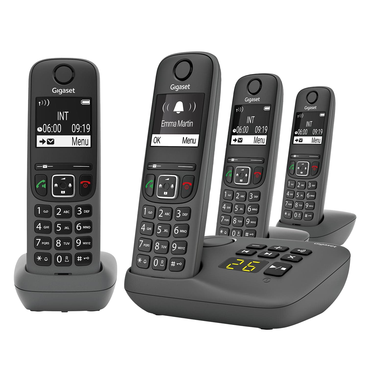 Gigaset A695A Quattro - 4 téléphones DECT sans Fil avec répondeur - écran à Haut Contraste - Excellente qualité Audio - Fonction Mains Libres - Protection d'appels, Gris [Version française]