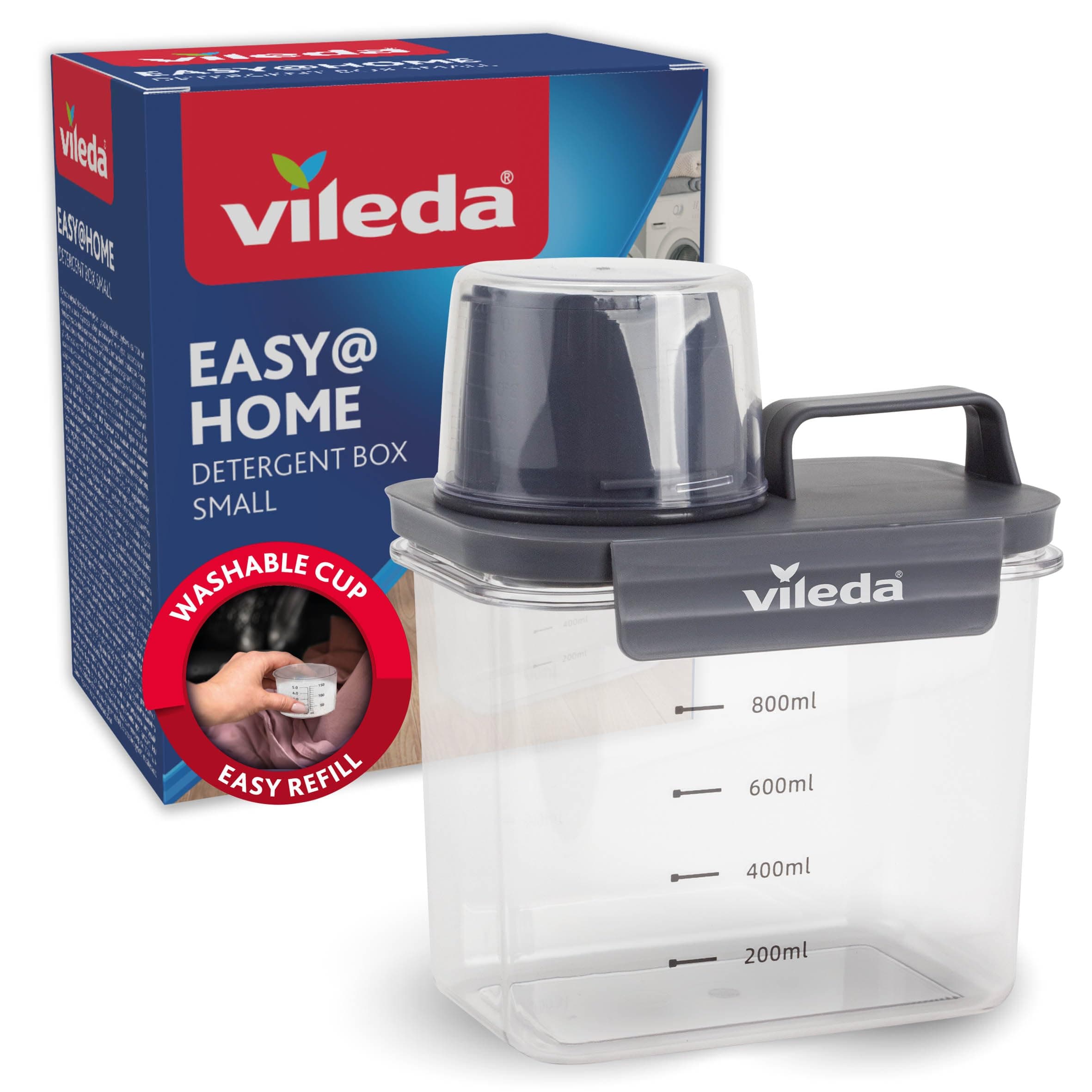 Vileda Waschmittelbox 1100ml grau - Praktische Aufbewahrungsbox für Waschpulver & Flüssigwaschmittel - Inklusive Messbecher für präzises Dosieren - Luftdichte & Platzsparende Waschpulverbox