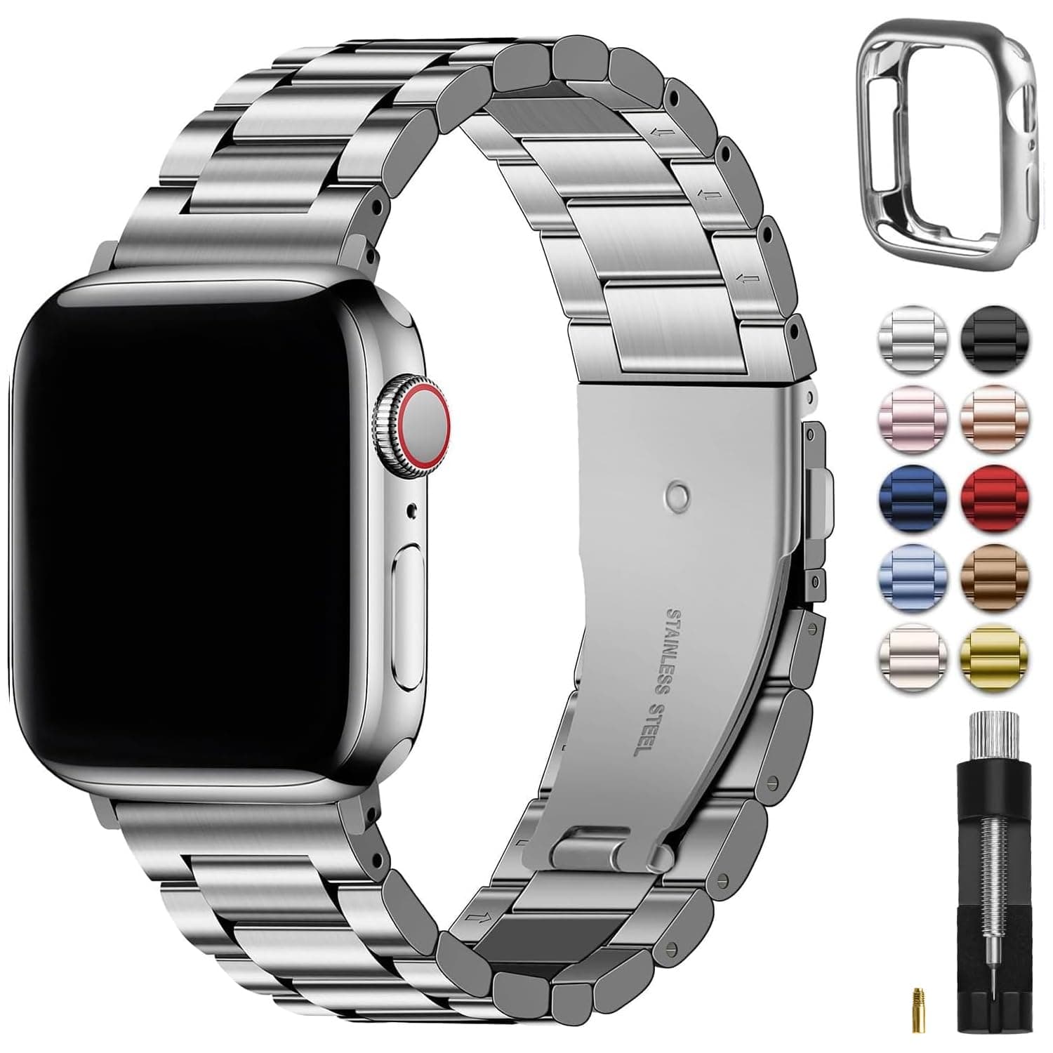 Fullmosa Correa Compatible Con Apple Watch 44mm 46mm（Series 11/10 45mm 42mm 49mm,Pulsera Acero Inoxidable con Case Para iWatch Ultra SE 3/2/1/Series 11/10/9/8/7/6/5/4/3/2/1,42mm 44mm 45mm Plata
