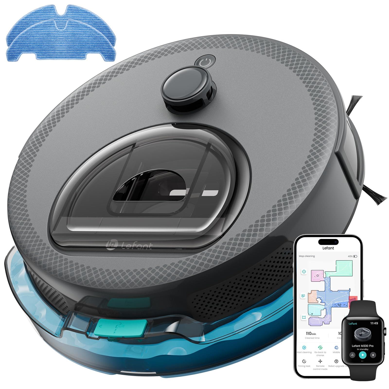 Lefant M330Pro Robot Aspirapolvere Lavapavimenti con Mappatura, dToF Laser, 5000Pa Potente Aspirazione, Evitamento Ostacoli PSD, App/WiFi/Alexa, Zona Vietata, per Animali e Pavimenti Duri, Grigio