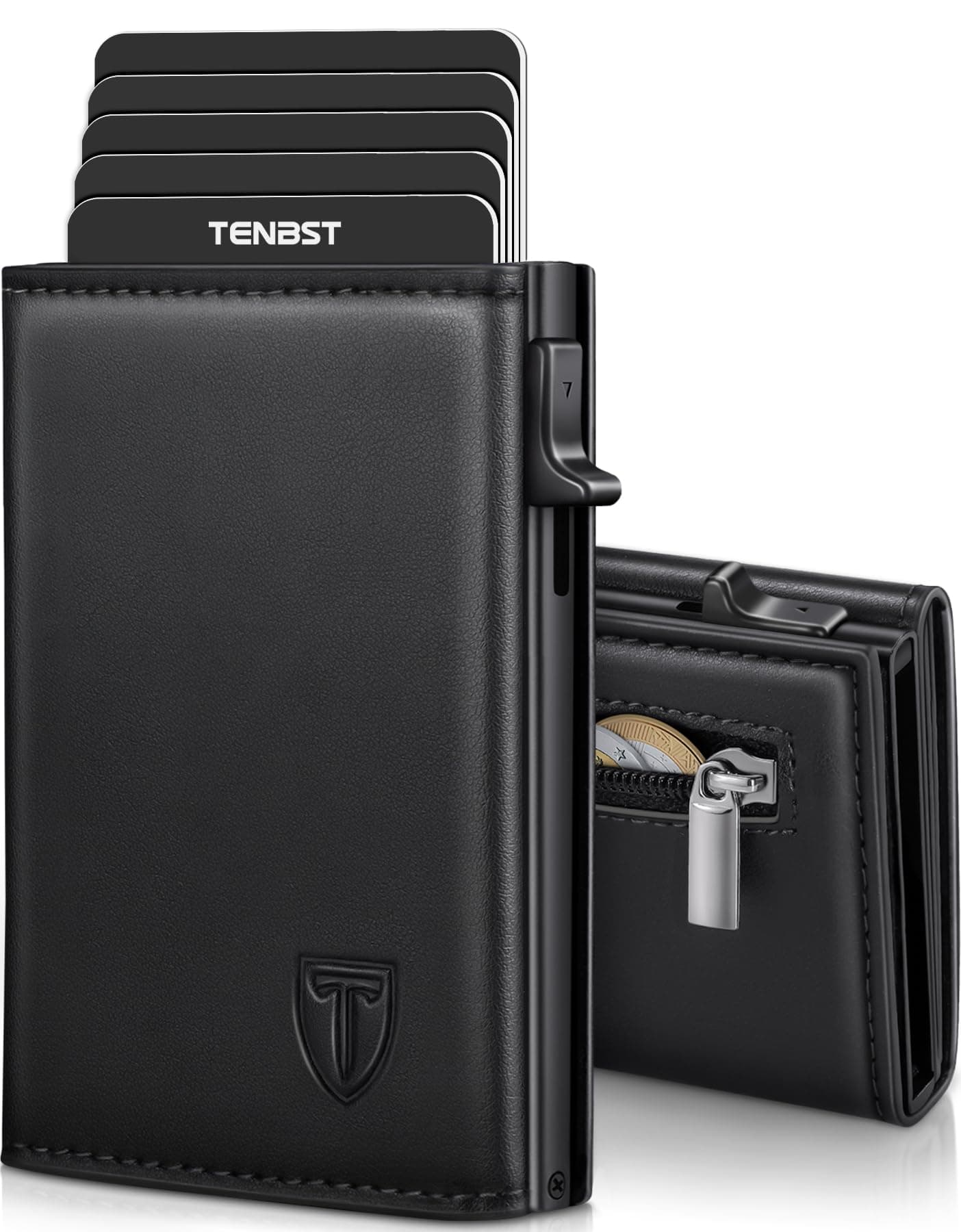 TENBST Portefeuille Homme en Cuir, Porte-Cartes avec Blocage RFID, 8 Porte Carte Crédit, Porte Carte Bancaire avec Compartiment à Billets et Poche à Monnaie - Boîte Cadeau