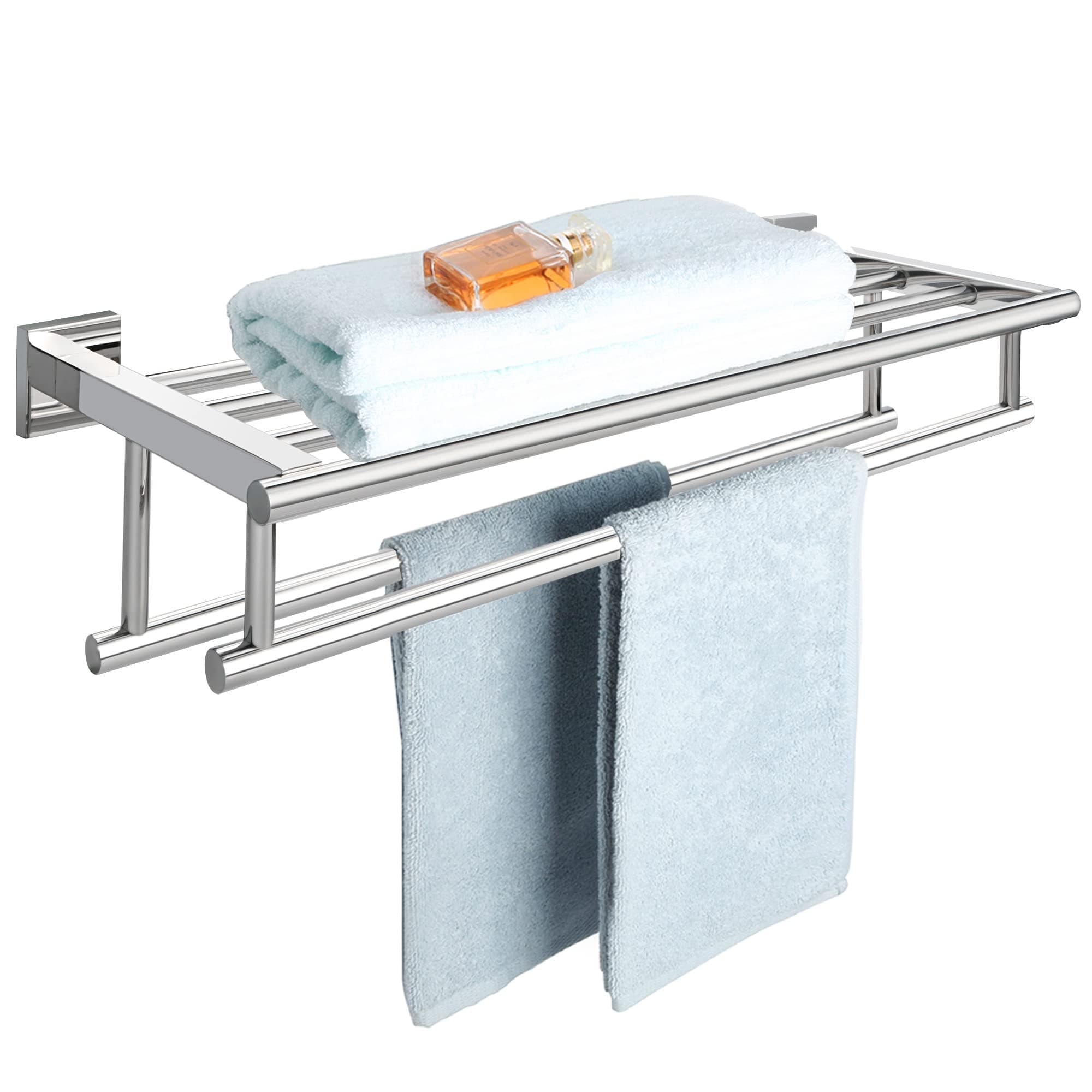 SAYAYO Double Barre Porte Serviette Mural de Salle de Bain, Support Serviette avec Étagère en Acier Inoxydable pour Cuisine Toilette, Longueur 60CM Chrome Poli, EGZ8000-C