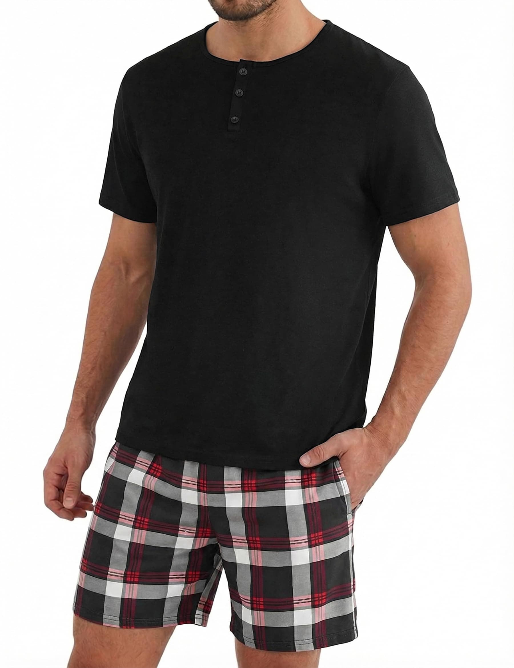 Uniexcosm Pijama Corto de Hombre Verano Conjunto de Pijama Hombre Corto Manga 2 Piezas Ropa de Dormir Camisetas Manga Corta y Pantalones Cortos a Cuadros