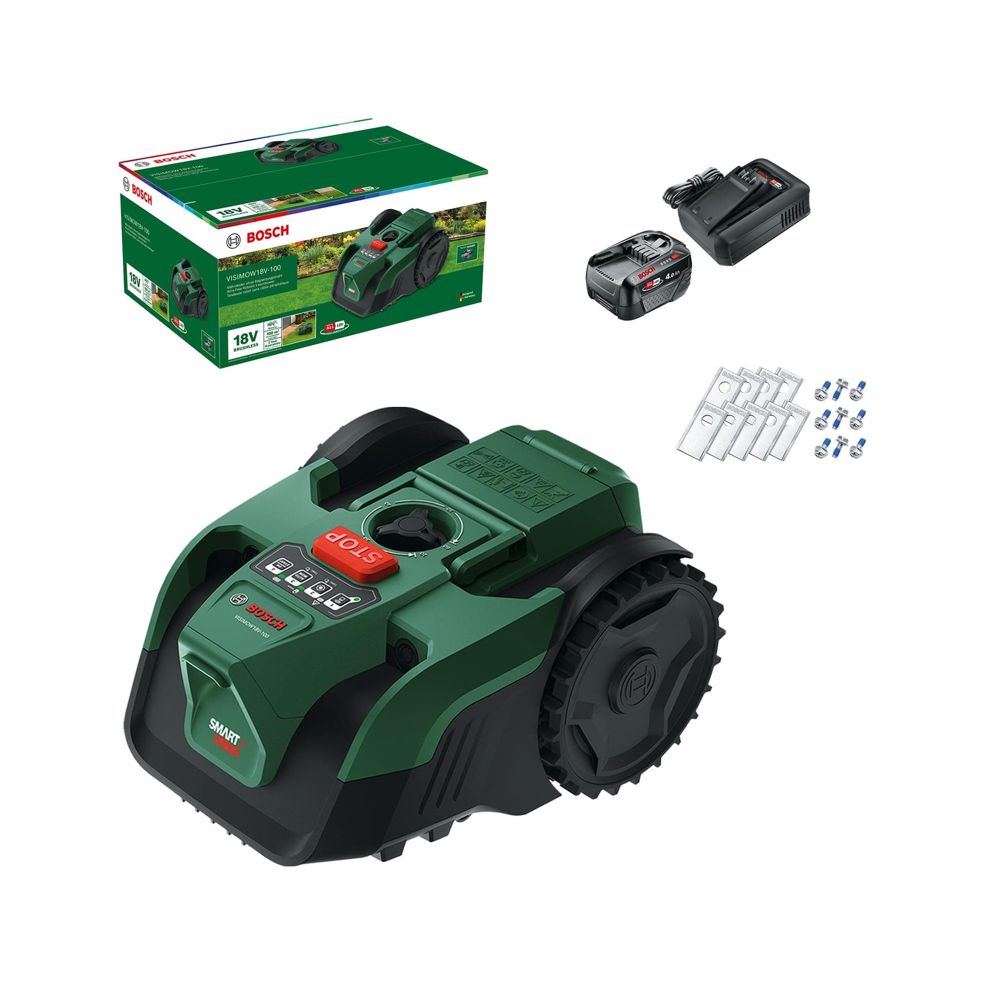 Bosch Tondeuse Robot sans-Fil VISIMOW18V-100 (pour pelouses Jusqu’à 100 m², Largeur de Coupe: 16 cm, Hauteur de Coupe: 20-60 mm, avec Lames de Rechange, Batterie et Chargeur)