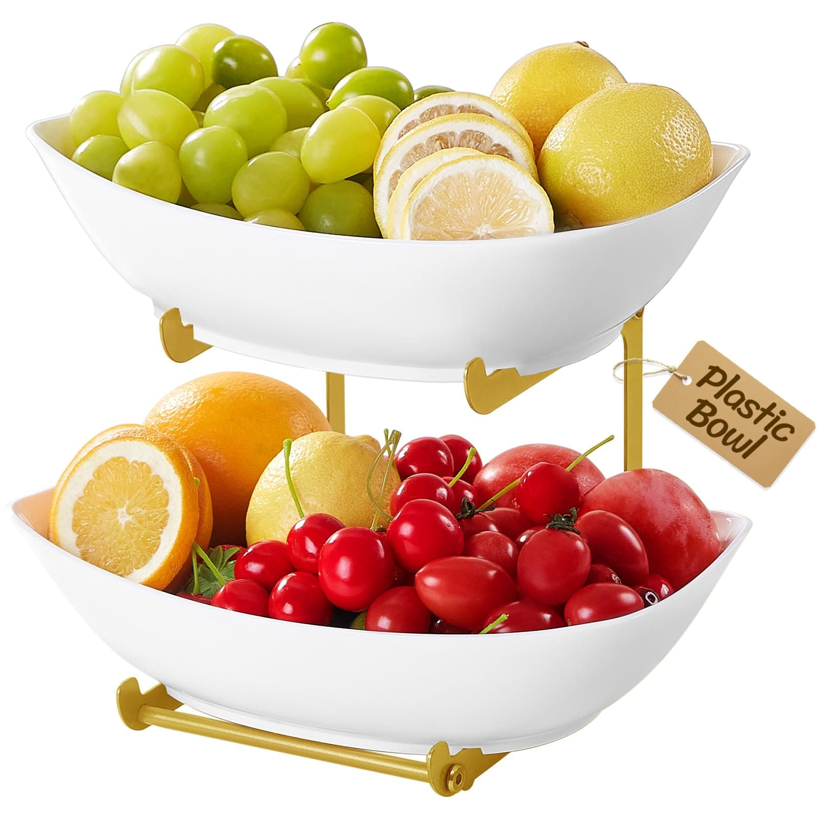 Lifewit Obst Etagere mit 2 Etagen, Obstschalen aus Kunstsoff mit Goldenes Metallregal, Obstkorb Etagere 2 Stöckig, Obstständer Obstregal mit Weiße Servierplatte für Buffets/Obst/Snack/Gemüse/Desserts