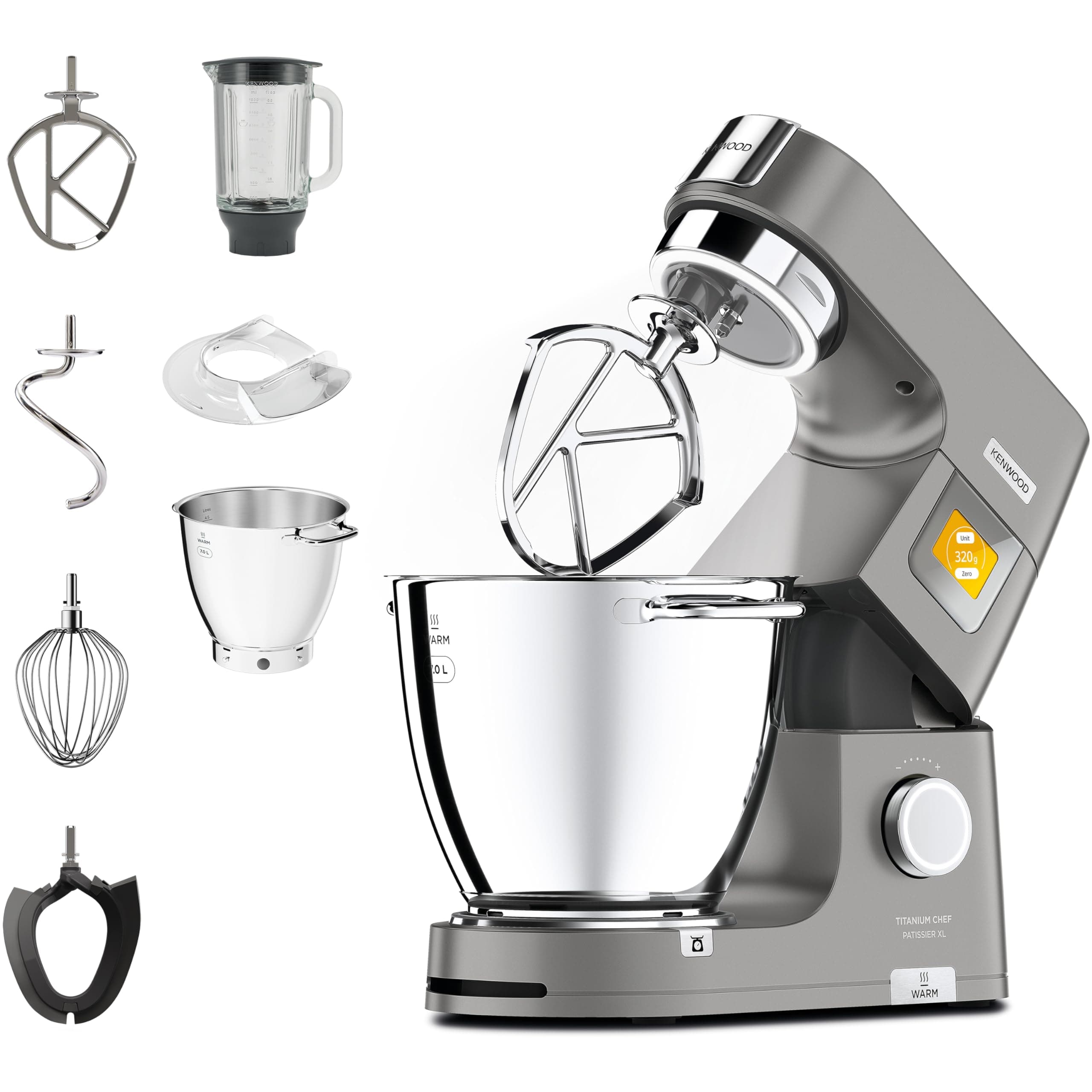 Kenwood Titanium Chef Patissier XL KWL90.034SI, Robot Patissier Balance Intégrée, Batteur K, Pétrin, Fouet, Batteur Souple, Deux Bols, Couvercle Anti-Projections, 1400W, Acier, Argent