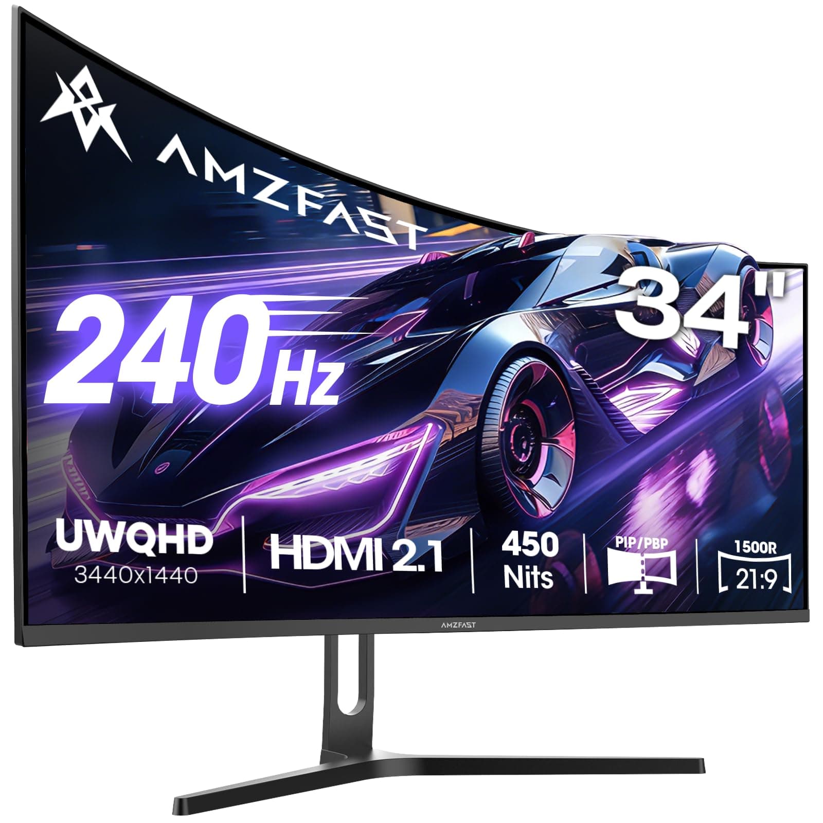 Amzfast Écran PC Gamer 34 Pouces 240Hz/UWQHD Moniteur Incurvé 3440x1440 (21:9), 450 nits, Eyes Care, sRGB 130%, Adaptive Sync, HDR400, HDMI 2.1x2, DP 1.4x2, VESA 75x75, PIP/PBP, AMZG34C5QPro