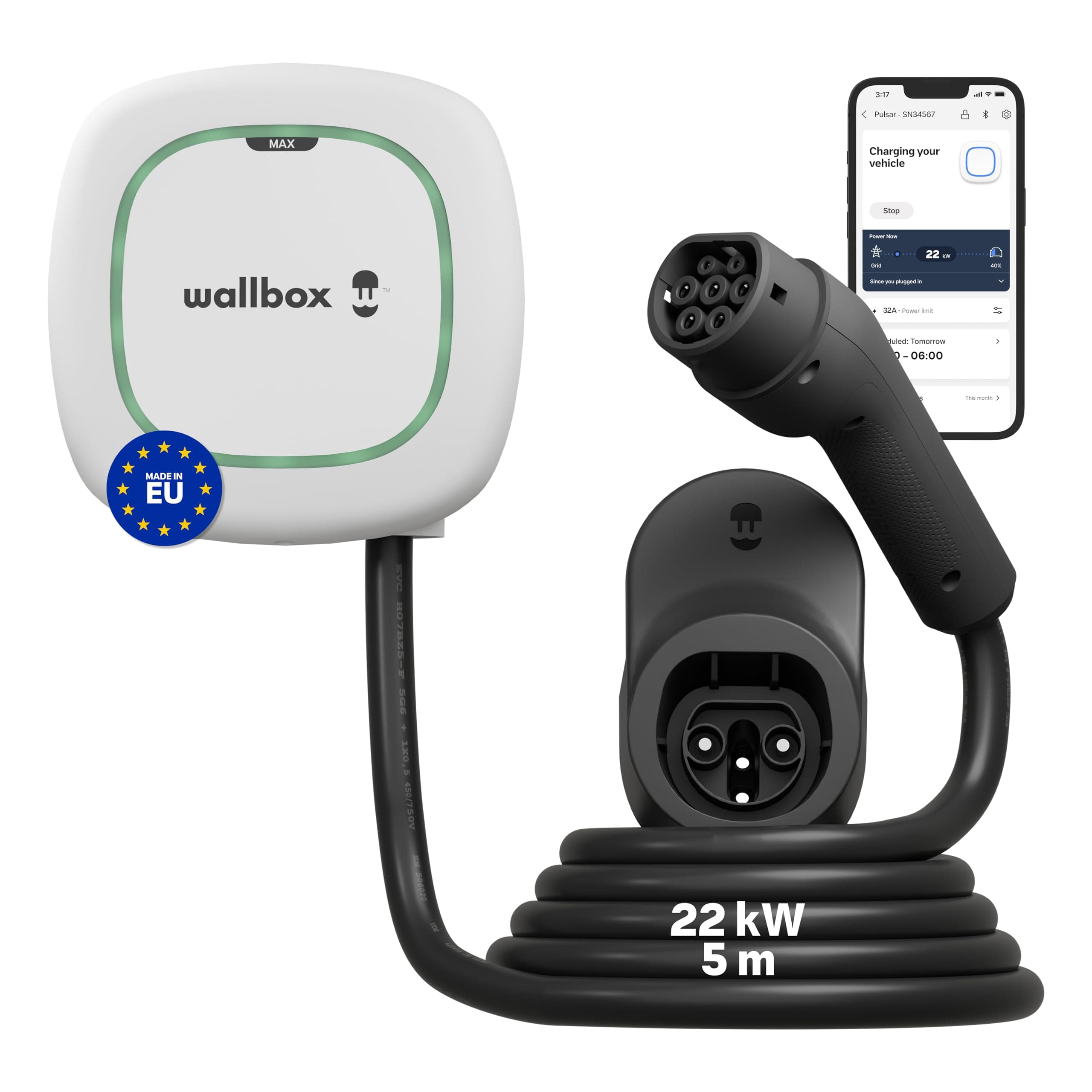 Wallbox Pulsar Max 22kW - Chargeur Voiture Electrique 32 A - Câble Recharge 5 Mètres - Chargeur EV Typo 2 avec WiFi et Bluetooth - Compatible avec EV/PHEV et Usage Intérieur/Extérieur - Blanc