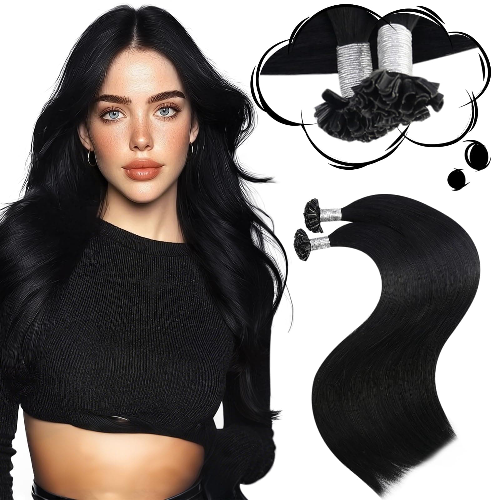 Moresoo Extension Cheveux Naturel Keratine Noir de Jais 45 cm Remy Extension Cheveux Keratine a Chaud Noir 50 Mèches 50g #1/18 Pouce