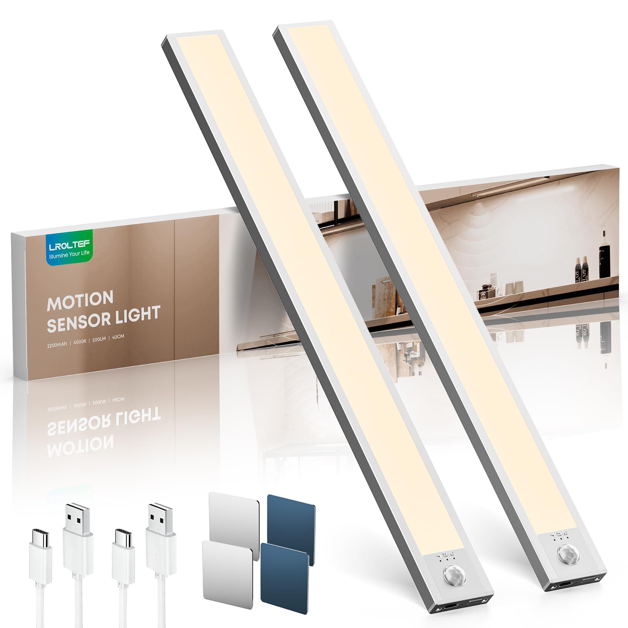 LROLTEF Luce LED Sottopensile Cucina 4000K 40CM Sensore di Movimento per Luci 2200mAh 66 LED Luce Armadio Lampada Dimmerabile per Cucina Scale Soggiorno Bagno Camere da Letto | 2 Pezzi Argento