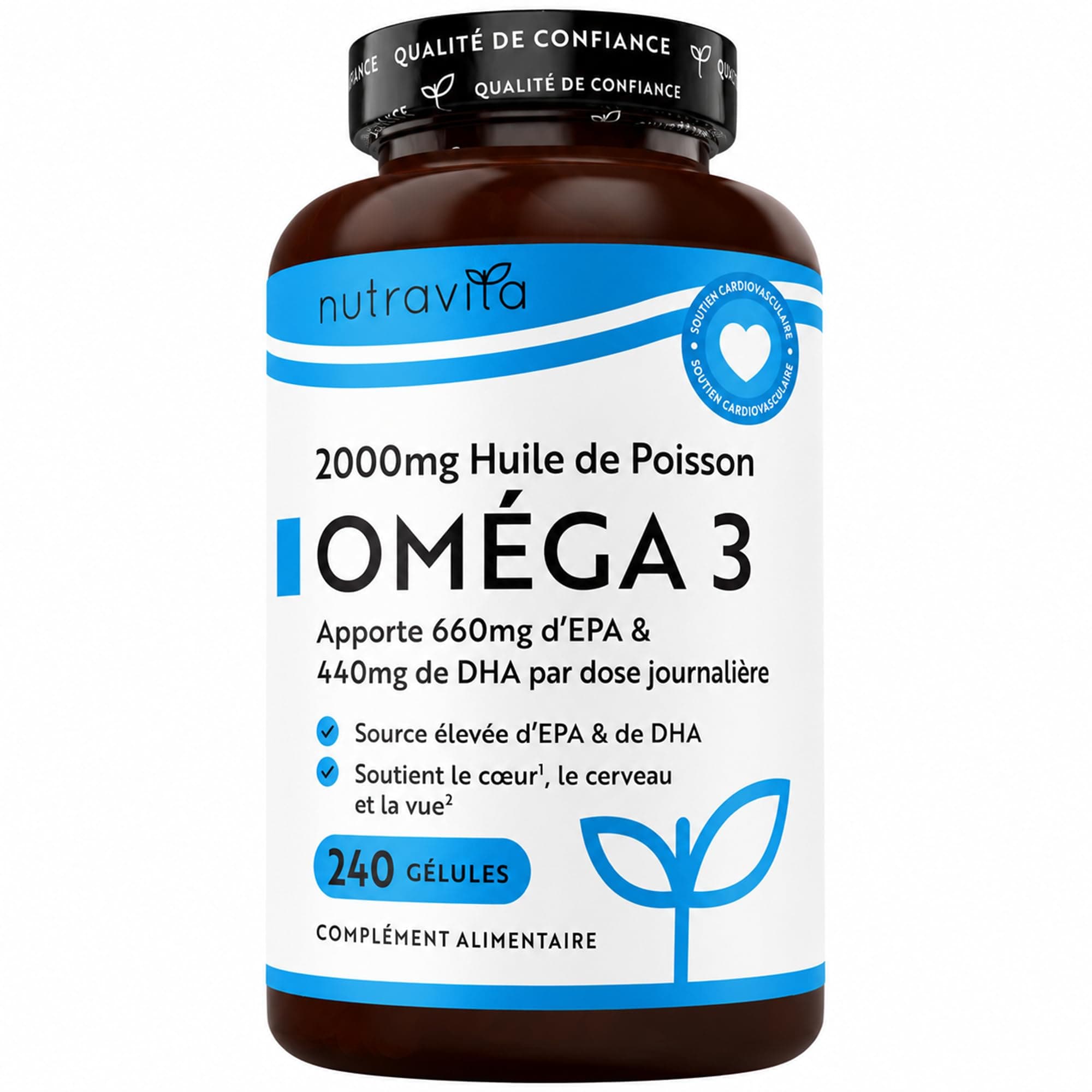 Omega 3 Huile de Poissons 2000mg - 240 Gélules (120 Jours) - Haute Concentration en EPA (660mg) & DHA (440mg) Soutien Fonction Cardiaque et une Vision Normale - Fabriqué par Nutravita