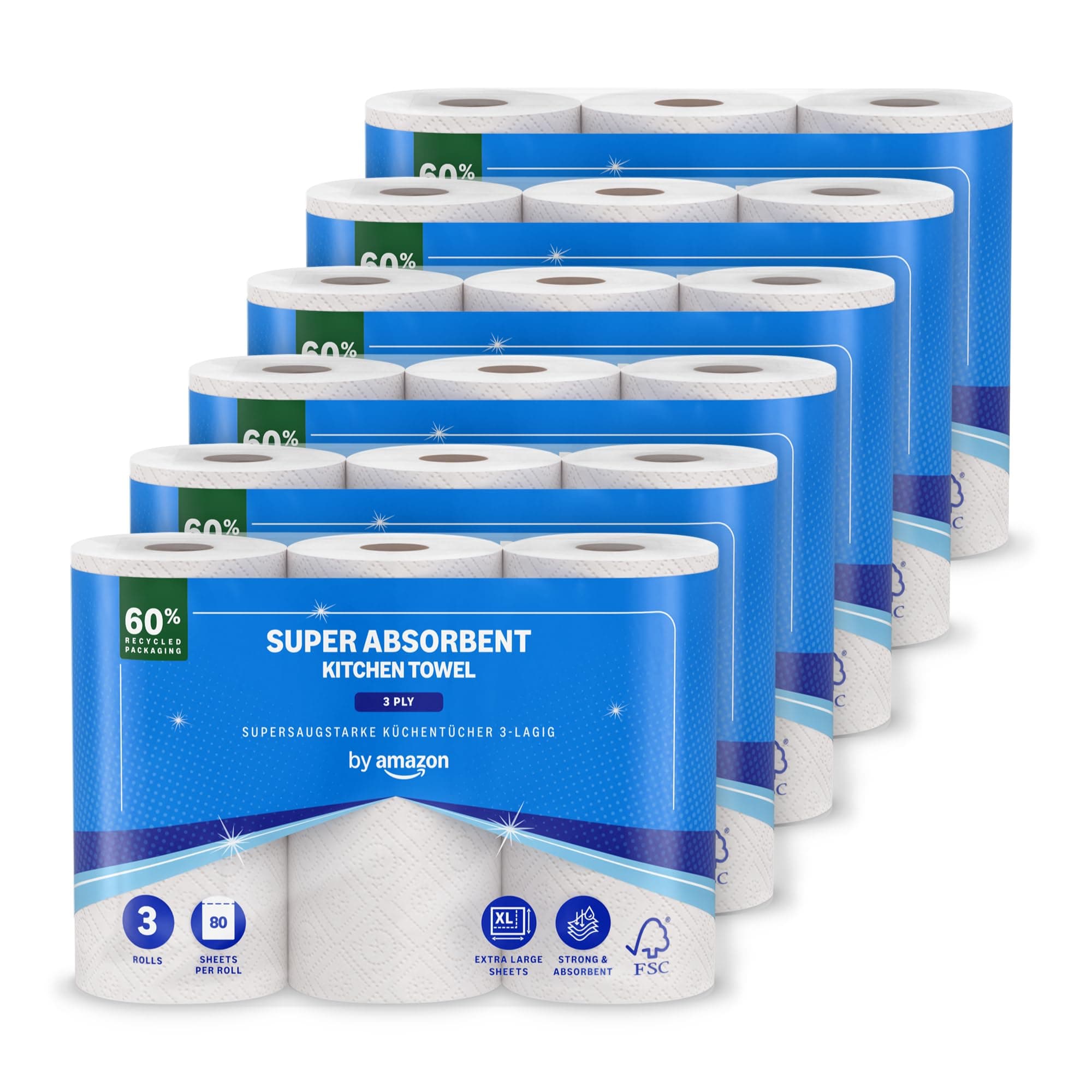 by Amazon Essuie-tout Super Absorbant, Triple Épaisseur, 18 Rouleaux (6 Paquets de 3), 80 Feuilles par Rouleau, Certifié FSC (Anciennement sous la Marque Presto!)