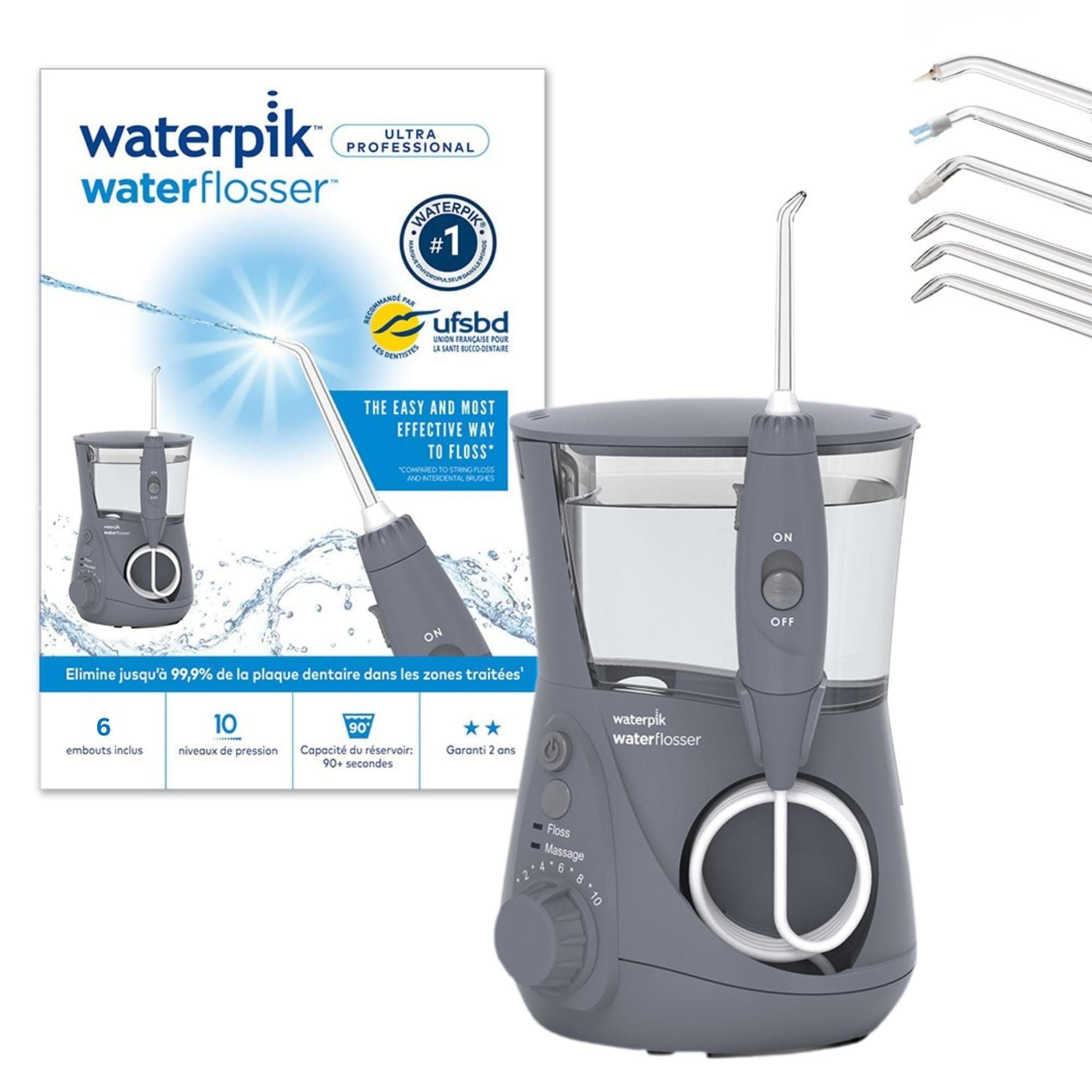 Waterpik Ultra Professionnel Hydropulseur Dentaire -10 niveaux de pression | Jet dentaire avec 10 niveaux de pression, 90+ secondes de nettoyage, 6 embouts inclus. Recommandé par l'USFBD. Gris