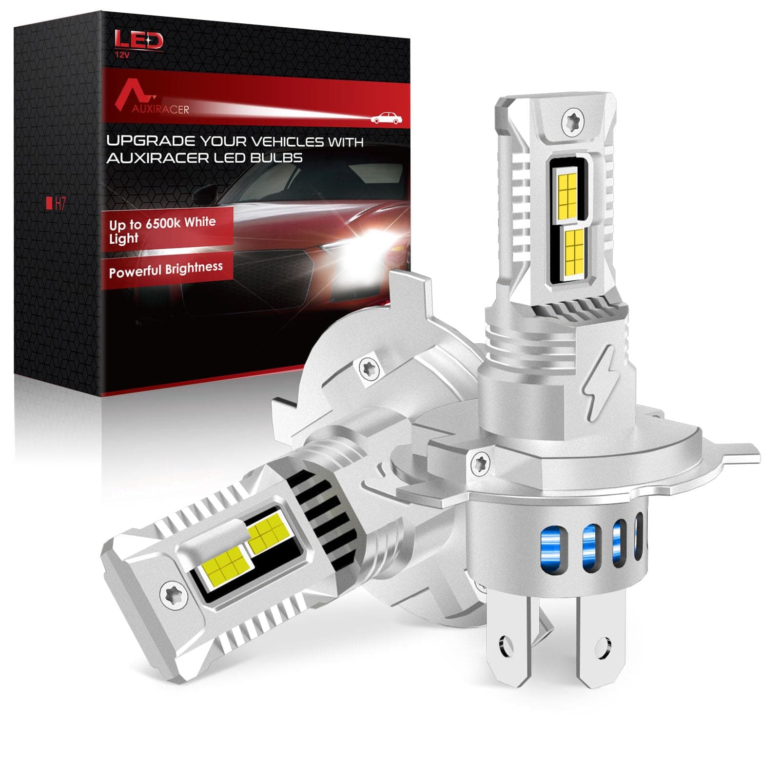 AUXIRACER H4 LED, 35000LM Luce Bianca Fredda 6500K, Lampadine H4 LED, Design Mini 1:1, con Ventola di Raffreddamento da 16000 giri/min, Plug and Play per Auto e Moto, 2 pezzi