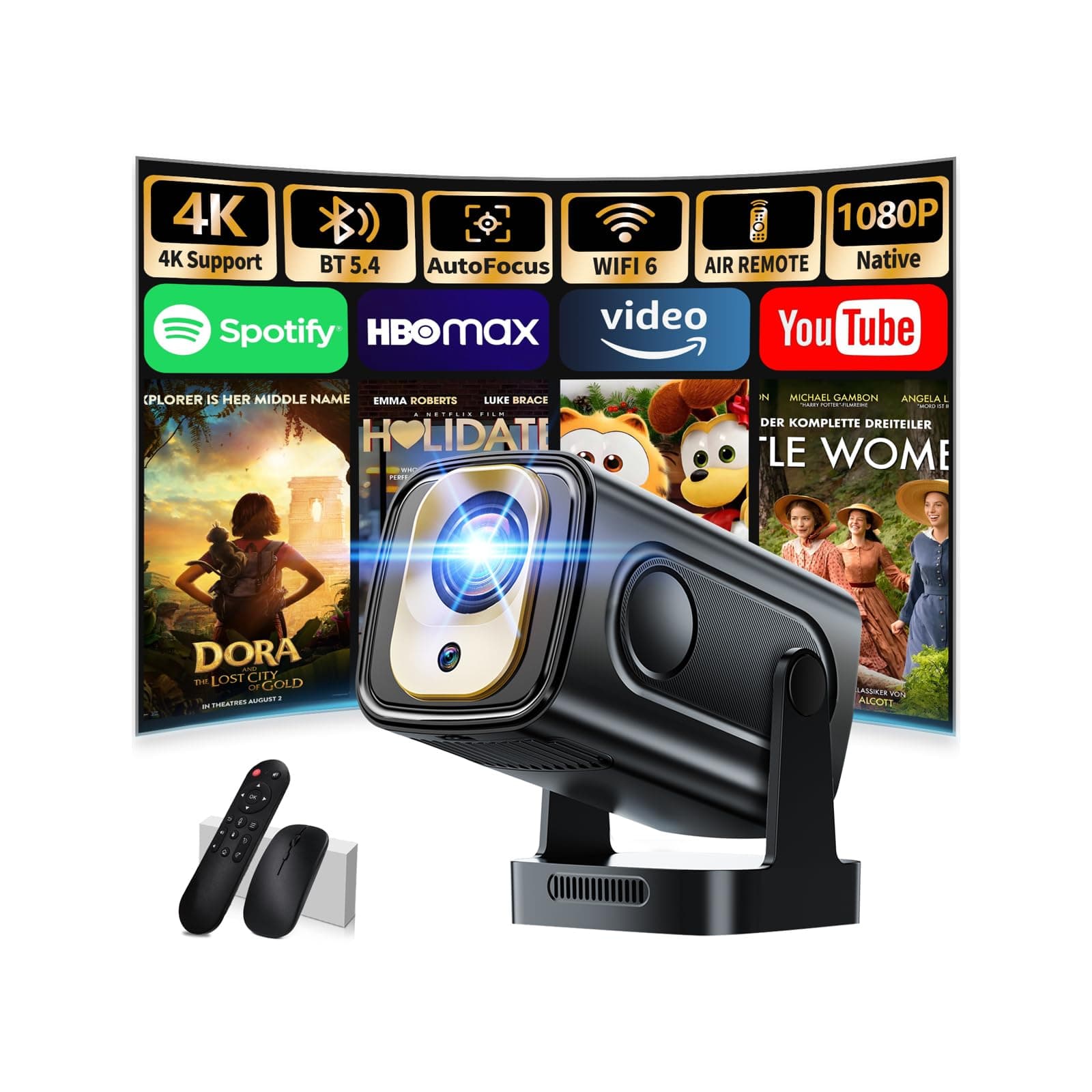 [Applntégrée & 2026 Upgraded] Vidéoprojecteur 1080P FHD 4K Projecteur Portable avec WiFi 6 et Bluetooth 5.4 avec Trapézoidale Automatique, 270° Rotation, Compatible HDMI/TV Stick/Laptop, Noir