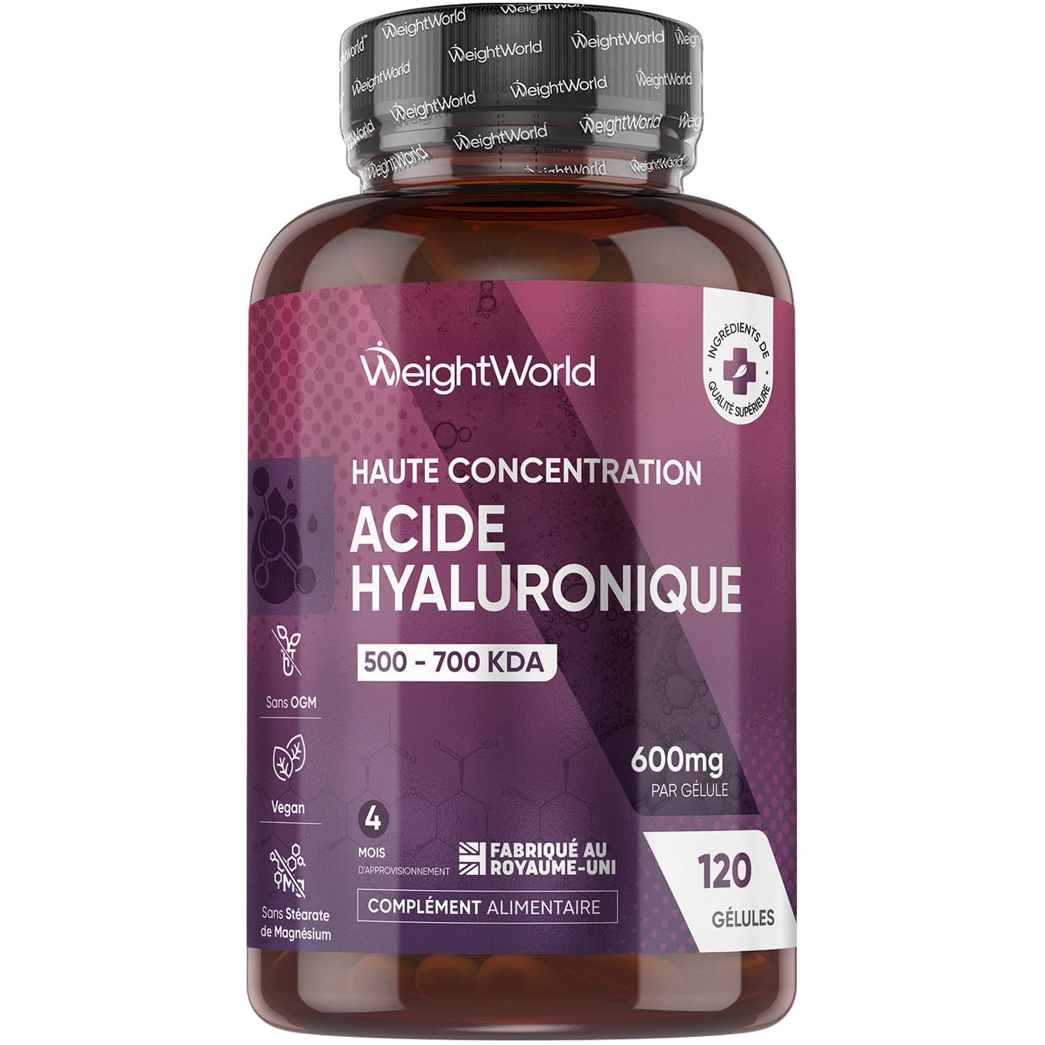 Acide Hyaluronique en Gélules 600mg, 120 Gélules Vegan pour 4 Mois, 500-700 kDa Acide Hyaluronique sous Forme d'Hyaluronate de Sodium, sans OGM ni Stéarate de Magnésium