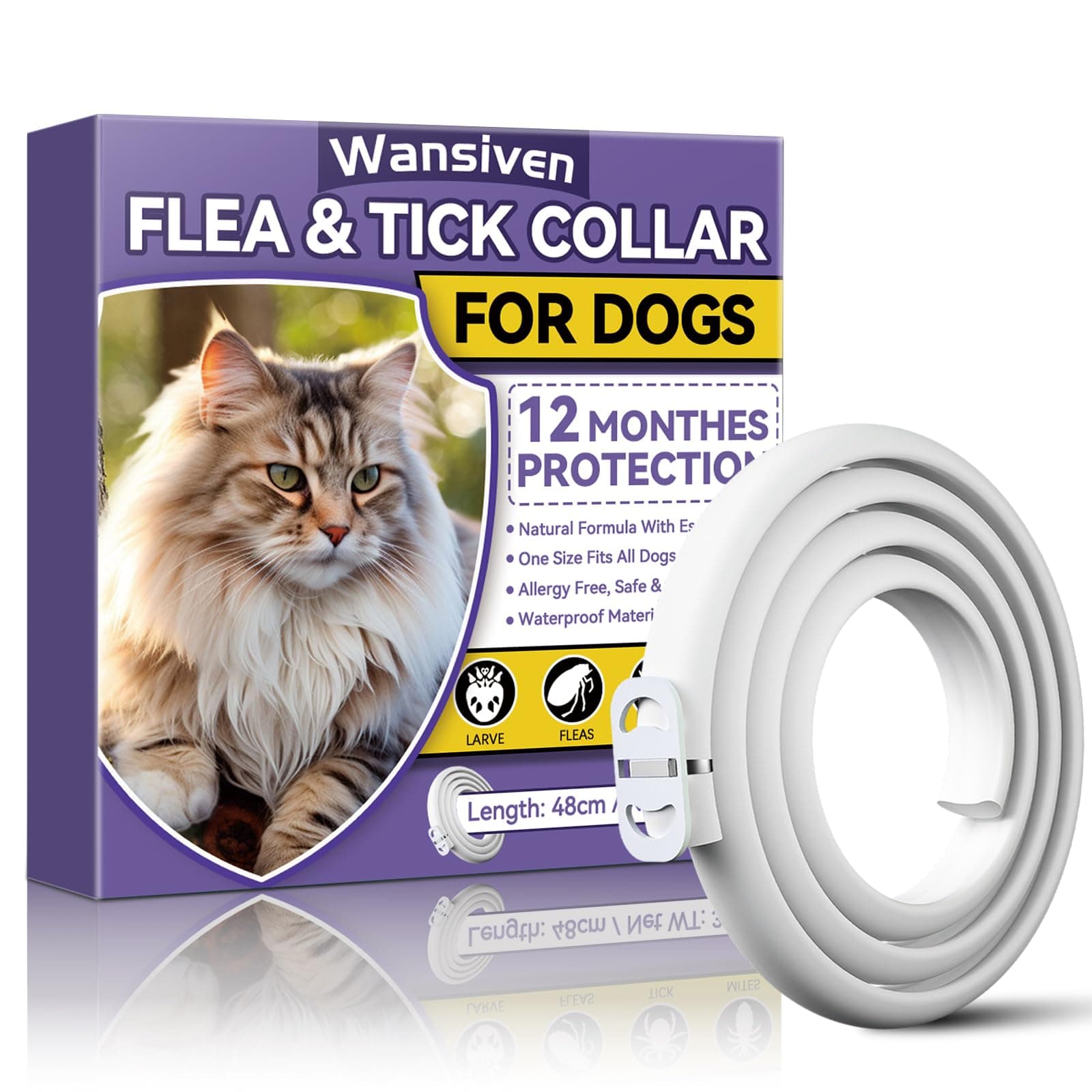 Wansiven Collier Anti-puces pour Chats, Collier Anti-puces réglable et imperméable de 48 cm aux huiles essentielles, Convient à Tous Les Chats, Protection de 12 Mois (Violet-1p)