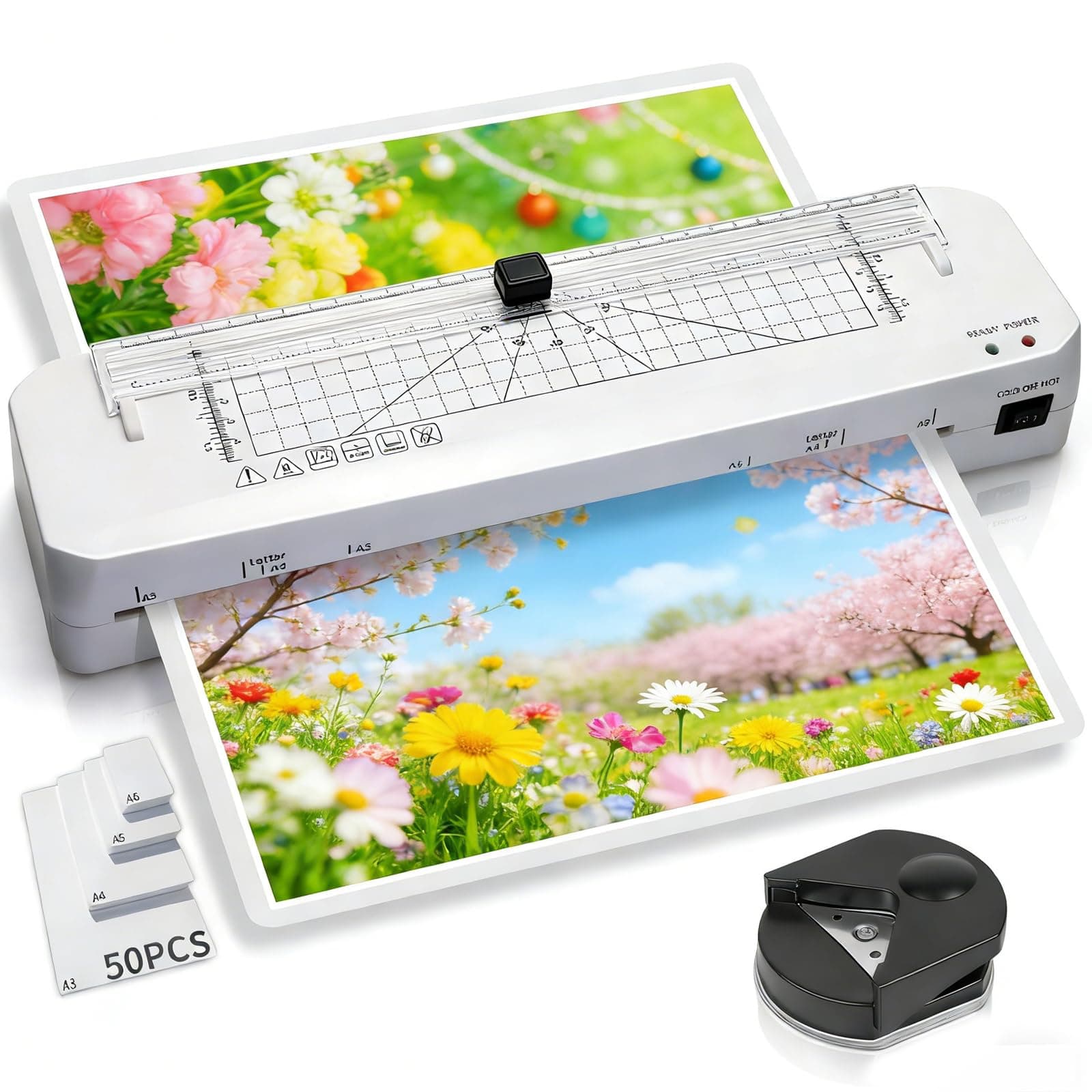Plastificadora A3, Plastificadora con 50 Bolsas de Plastificación para A3/A4/A5/A6,Cortador Integrado y Redondeador, Calentamiento Rápido, para Uso Doméstico, Escolar y de Oficina