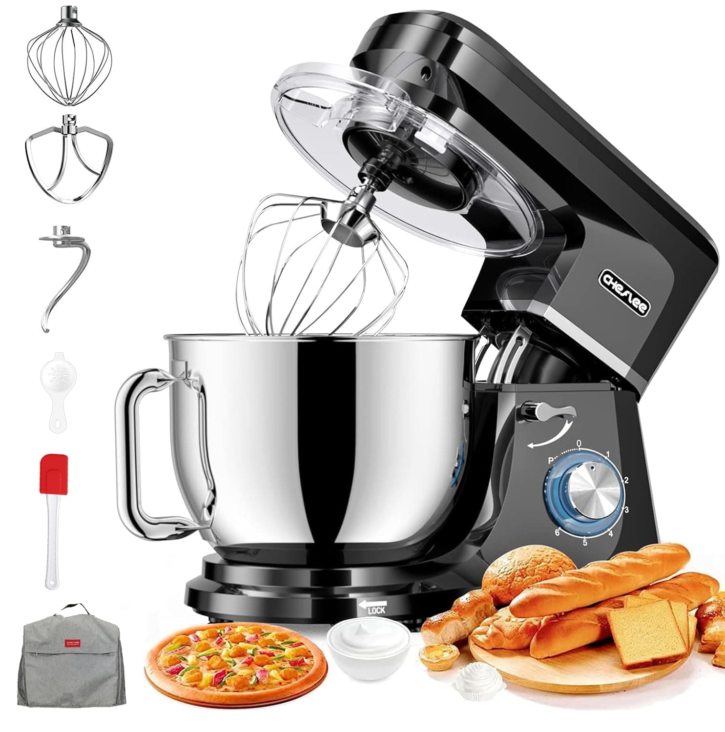 CHeflee Impastatrice Planetaria 2000W Impastatrice Professionale 8 L Ciotola in Acciaio inox,6 Velocità,Ad Coperchio Antipolvere con,Sbattitore,Frusta,Gancio per Impastare Multifunzione Mixer