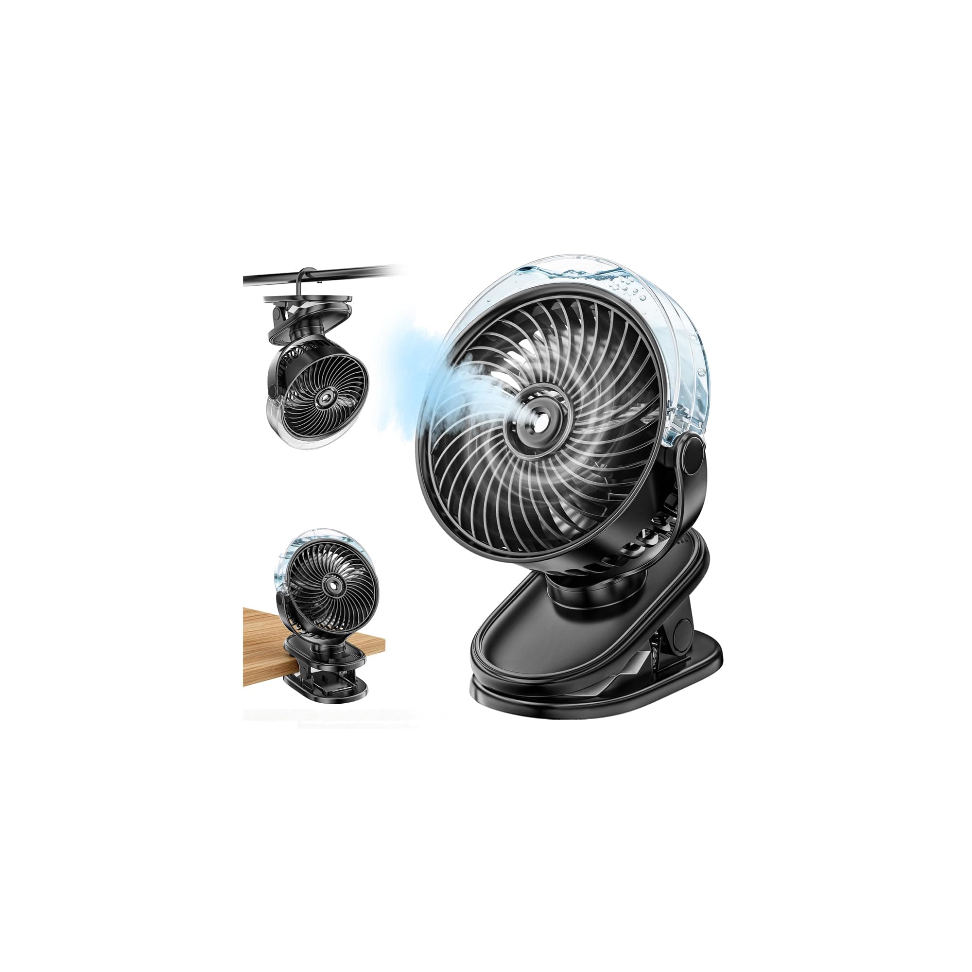 Wrischan Ventilateur à Pince avec Brumisateur, Petit Ventilateur Portable USB Rechargeable, 4 Vitesses, Rotation à 360°, Clip Silencieux Table Fan Silencieux pour Bureau, Pour Maison, Poussette