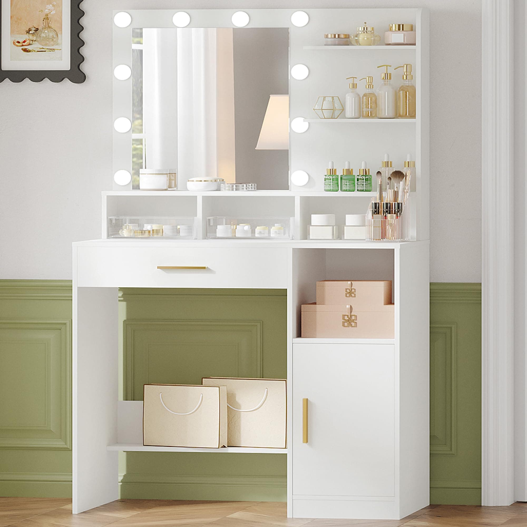 Hzuaneri Coiffeuse avec Miroir, Coiffeuse avec Miroir LED, Dressing Table de Maquillage avec 3 étagères et 4 Compartiments Ouverts, avec Grand Tiroir et Armoire, Blanc VT08103X