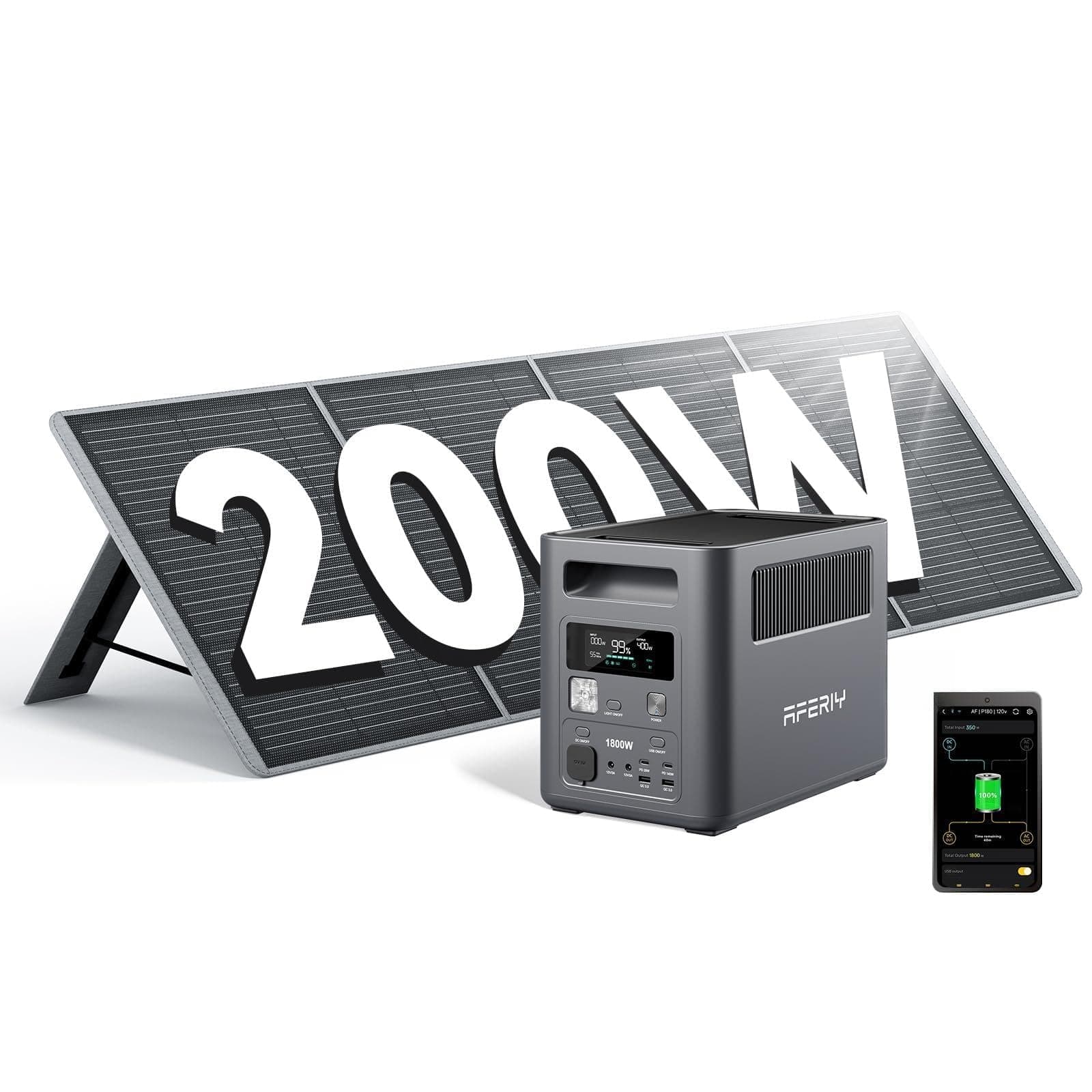 AFERIY P180 Générateur Électrique Portable 1024Wh avec Panneau Solaire Pliable 200W, Batterie Nomade Solaire 1800W(3600W pic), Recharge de 0-99% en 60 Min, Station Électrique pour Camping/Maison/RV