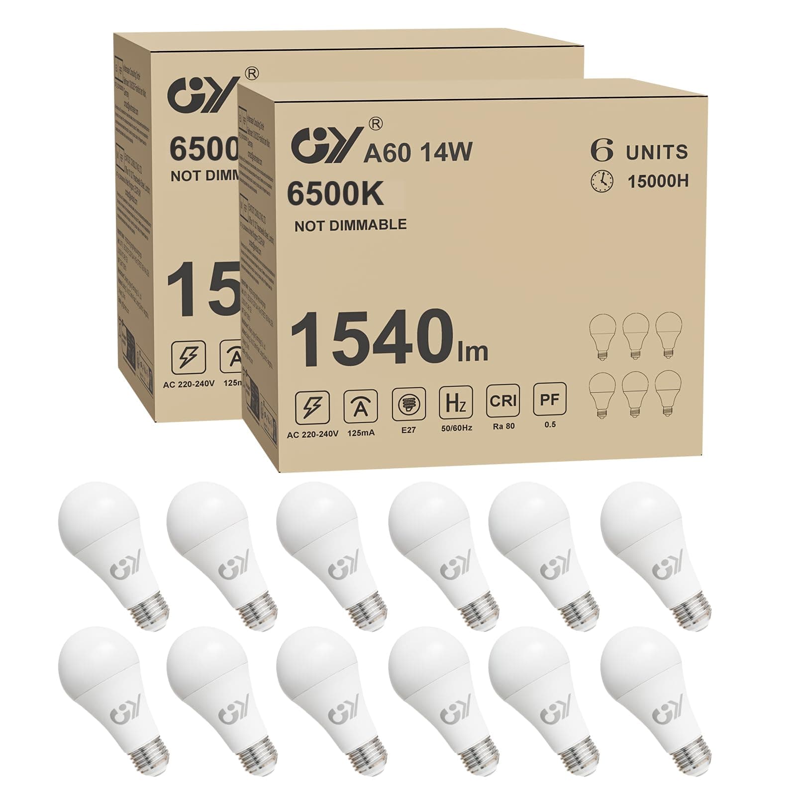 GY Bombilla E27 LED Blanco Frío 14W 6500K 1540 Lumen, A60 de Bajo Consumo, 14W equivalentes a 100W, No Regulable 12 Unidad