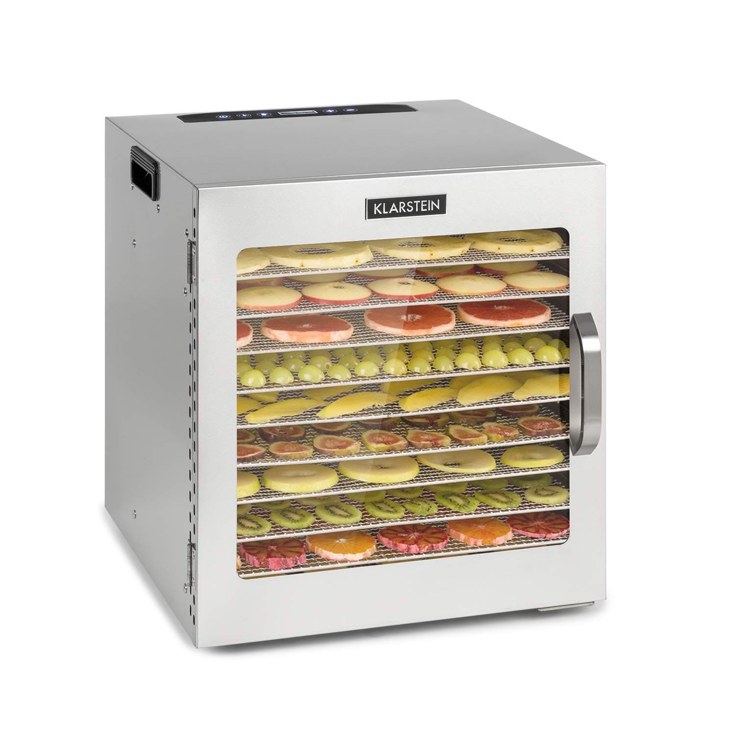 KLARSTEIN Captain Jerky 110, Déshydrateur,1000 W,30-90 °C, minuterie 24 h, sans BPA, commande tactile, 10 plateaux, porte en verre, déshydrateur en inox pour fruits, légumes, bac collecteur - argent