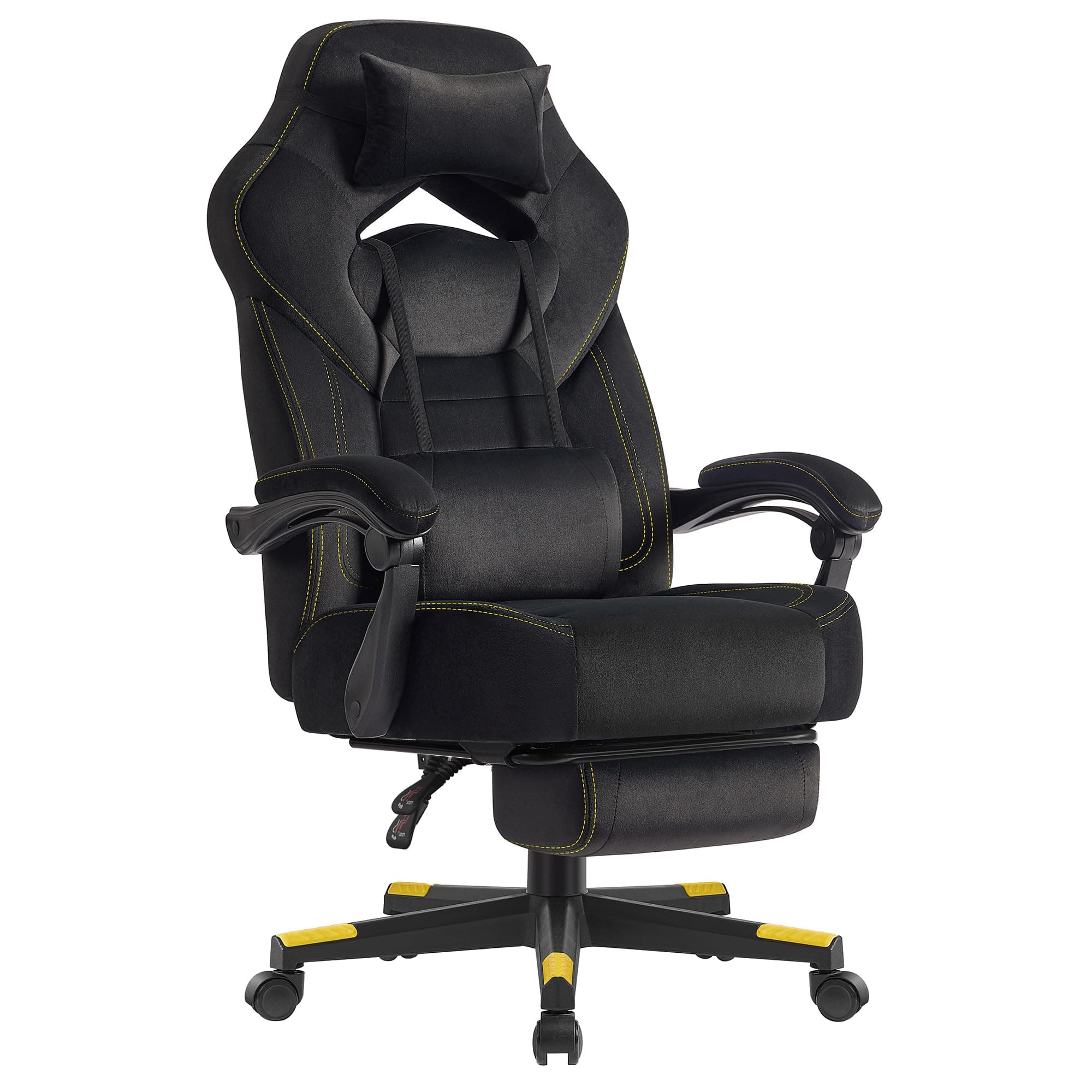 SONGMICS Silla Gaming, Silla de Oficina, Ordenador, Diseño Ergonómico, con Reposapiés, Reposacabezas Ajustable, Cojín Lumbar, Capacidad de Carga 150 kg, Negro Tinta OBG077B08