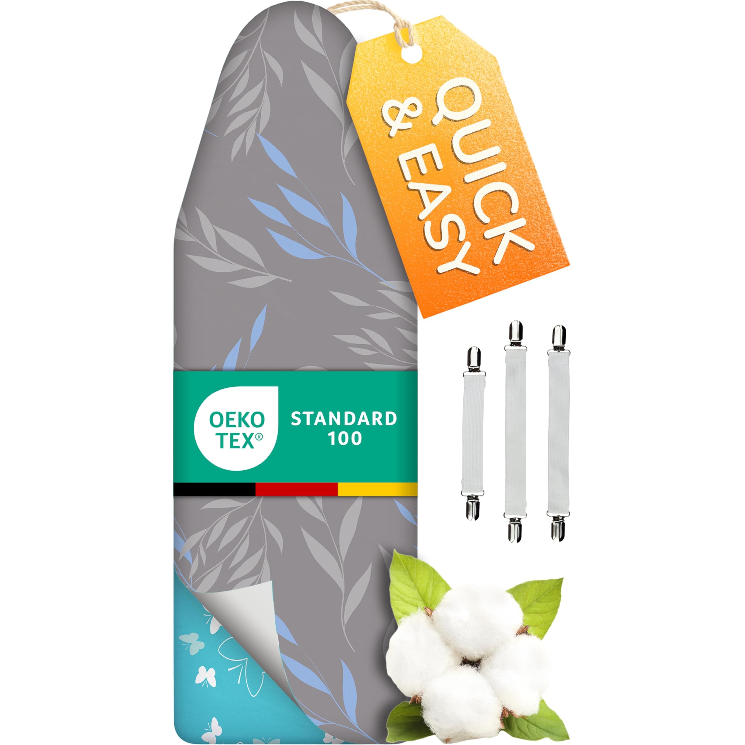 Smart&Gentle Housse Table à Repasser - XXL/ 130x45 cm, Tissu Technologie Réfléchissante, 3 Clips de Fixation, Housse Table a Repasser Montage Rapide