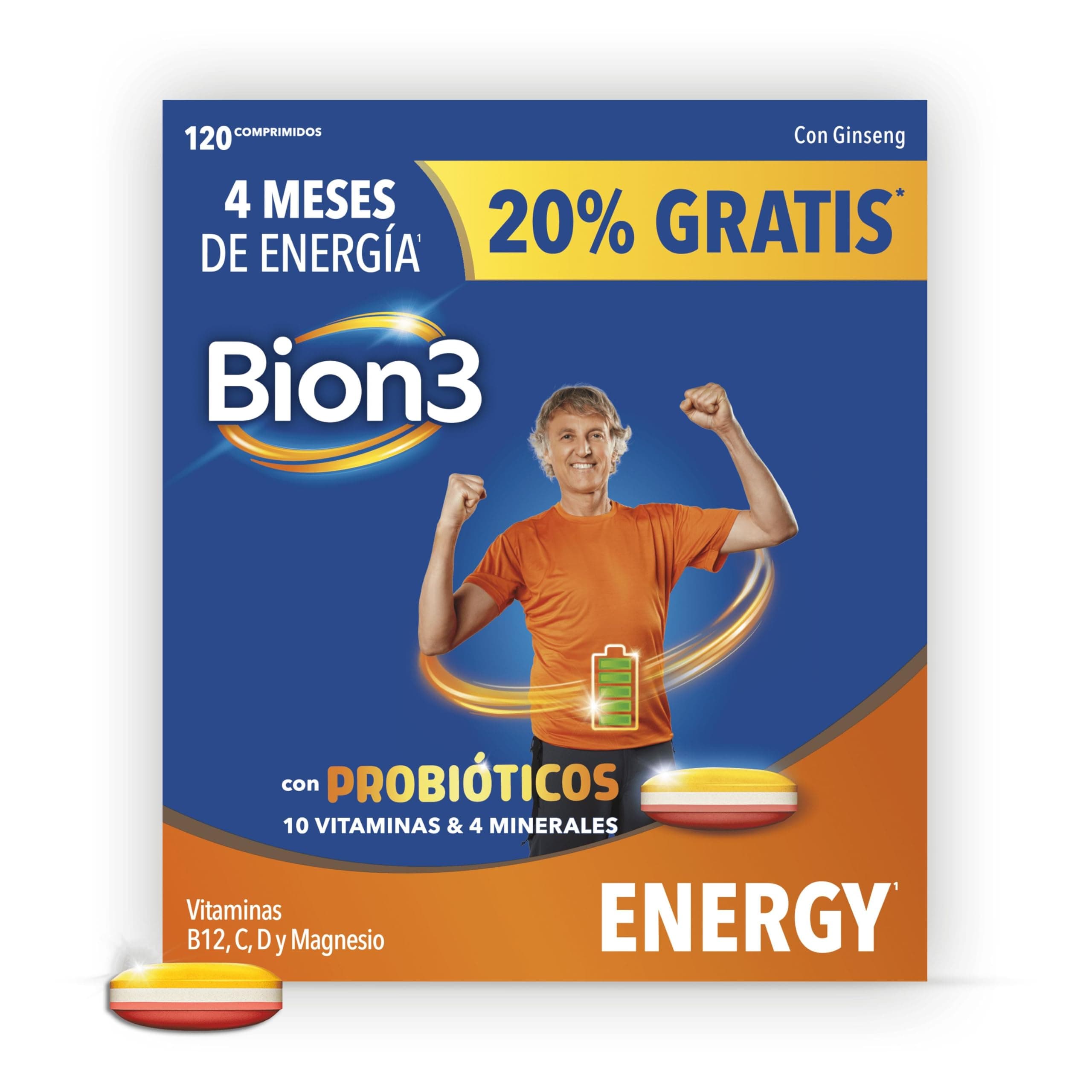 Bion3 Energy Comprimidos Multivitamínicos con Probióticos, Complemento Alimenticio, Reducción de la fatiga¹, Vitamina C, D, Complejo B y Magnesio