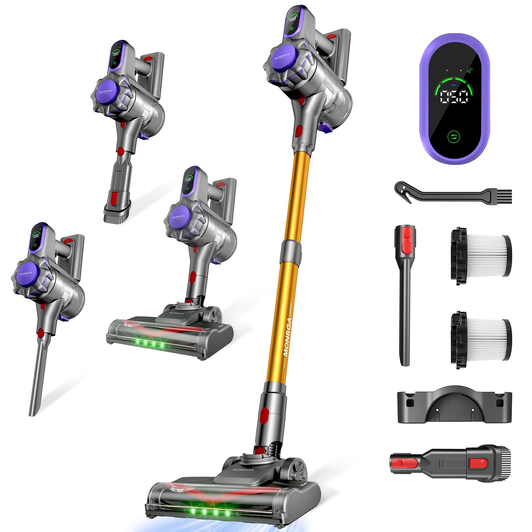 MONSGA Aspirapolvere Senza Fili 45KPA/550W/50Min, Anti-Groviglio | Display LED, Batteria Rimovibile, Ricaricabile a Parete, Scopa Elettrica Senza Fili per Pavimenti Duri/Tappeti/Peli Animali