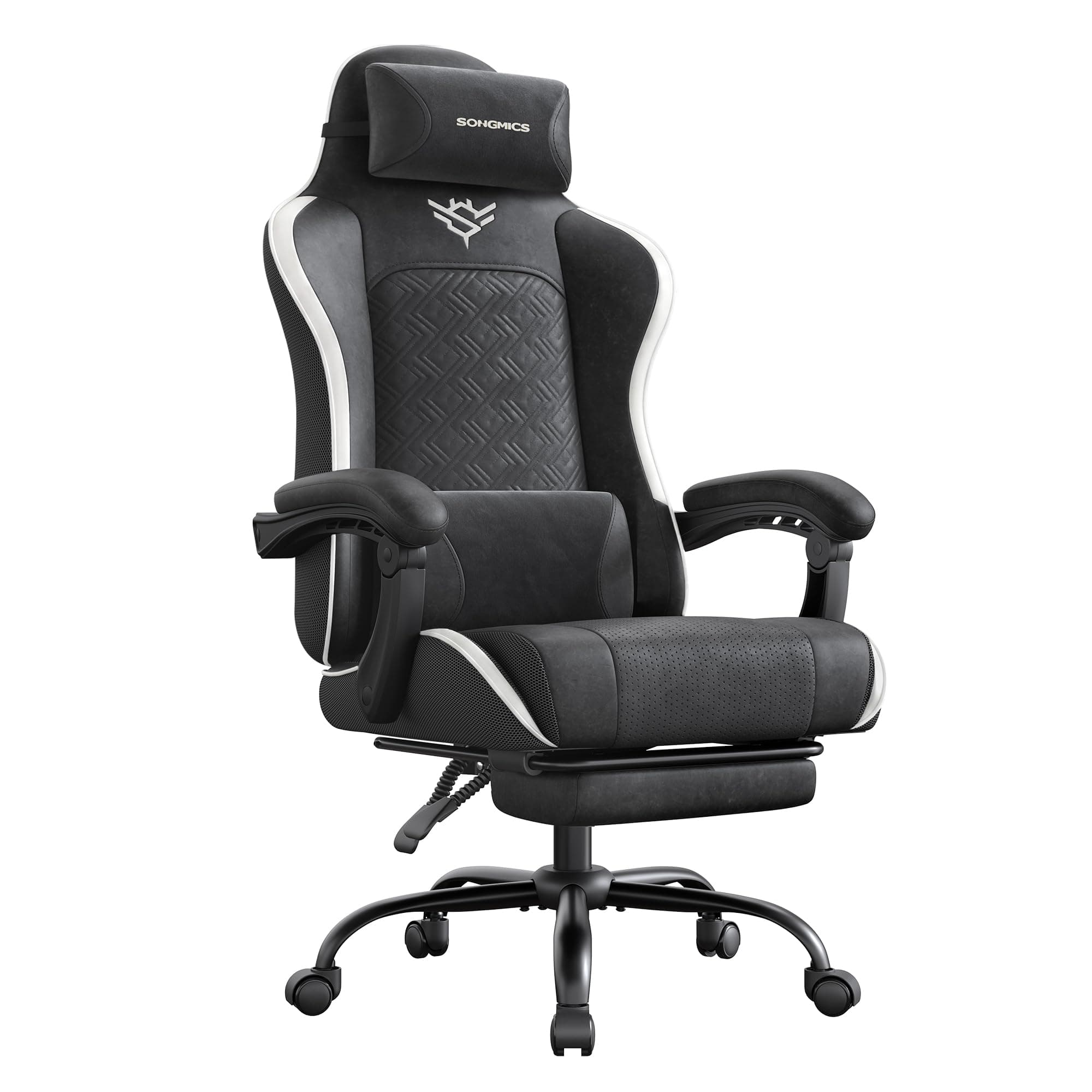 SONGMICS Silla Gaming Ergonómica con Reposapiés, Sillón Gamer de Escritorio Reclinable 135°, para Ordenador y Oficina, 70 x 70 x (123,5-133) cm, Negro Tinta y Blanco Nube, Colección Cathy OBG079B301